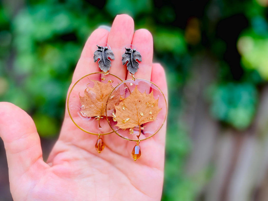 Autumn Leaf Resin Earrings: 14K Gold Filled or Sterling Silver, Handmade Chandeliers Citrine