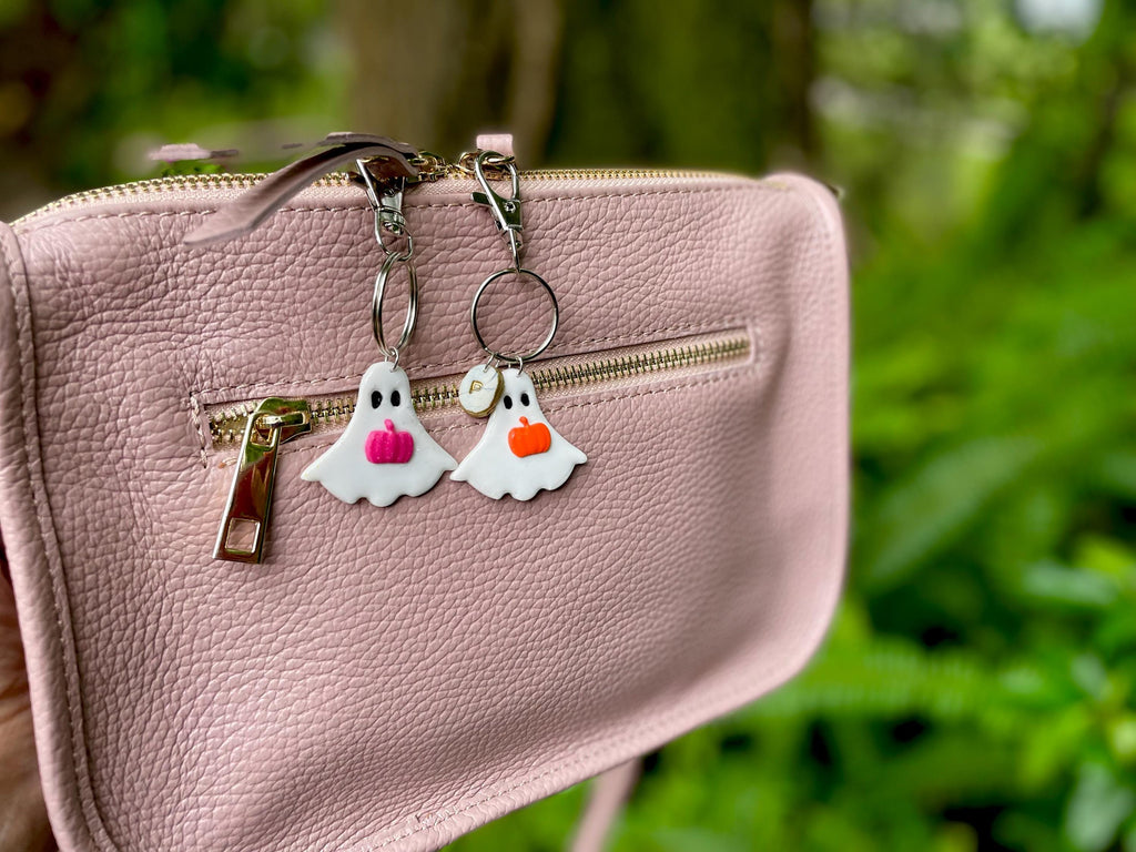 Personalized Ghost Keychain: Clay Pumpkin Charm, Initial Bag Accessory