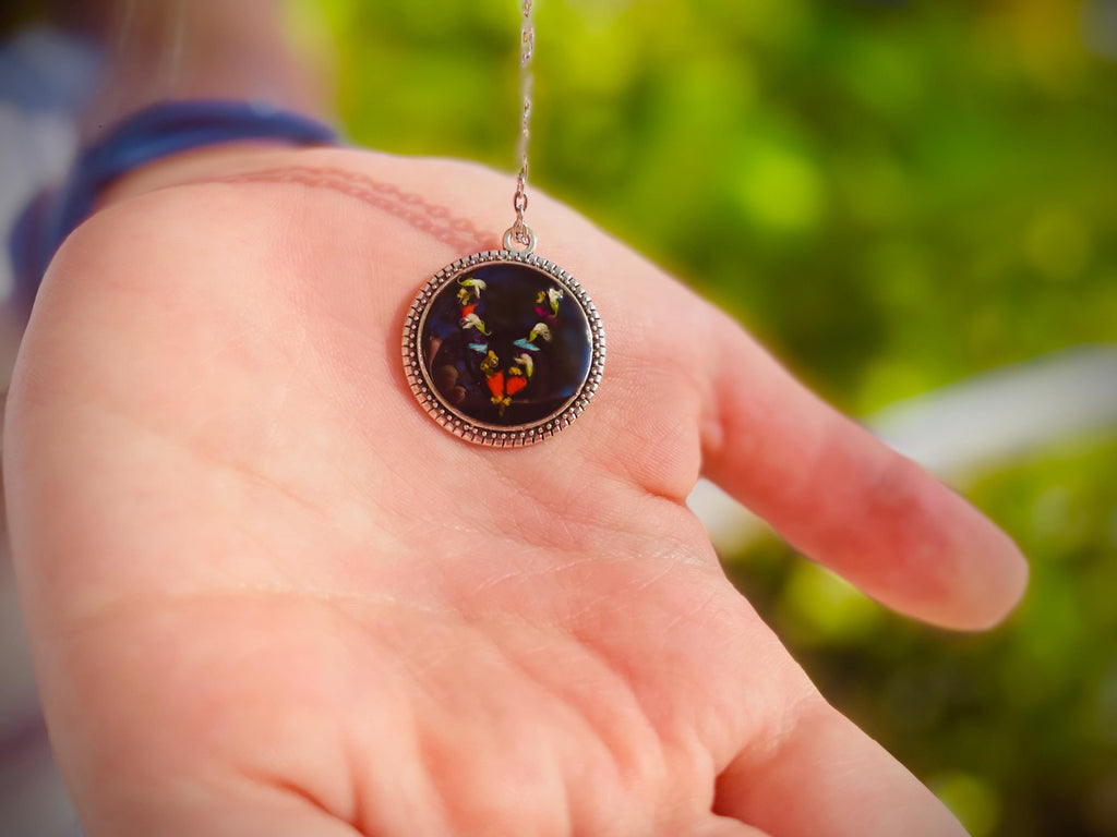 Personalized Pressed Birth Flower Initial Pendant Necklace Black: Gothic Resin Jewelry