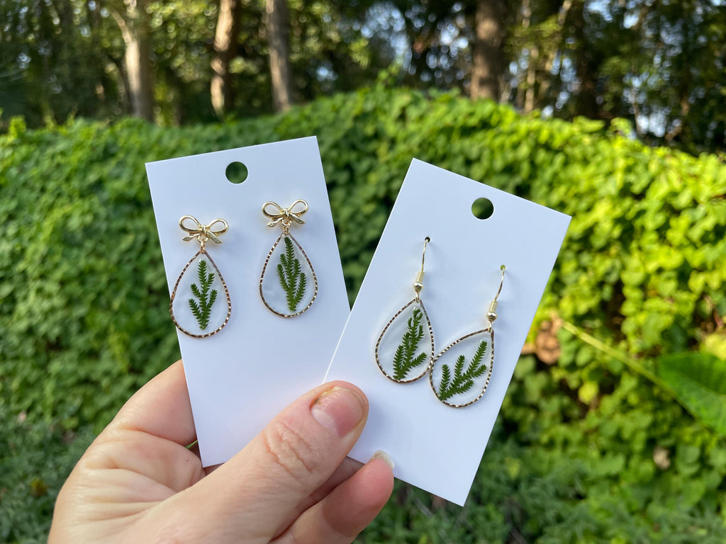 Gold bow Earrings Stud with Christmas Tree Branch, Green Real Plant  Botanical Earrings Dangle