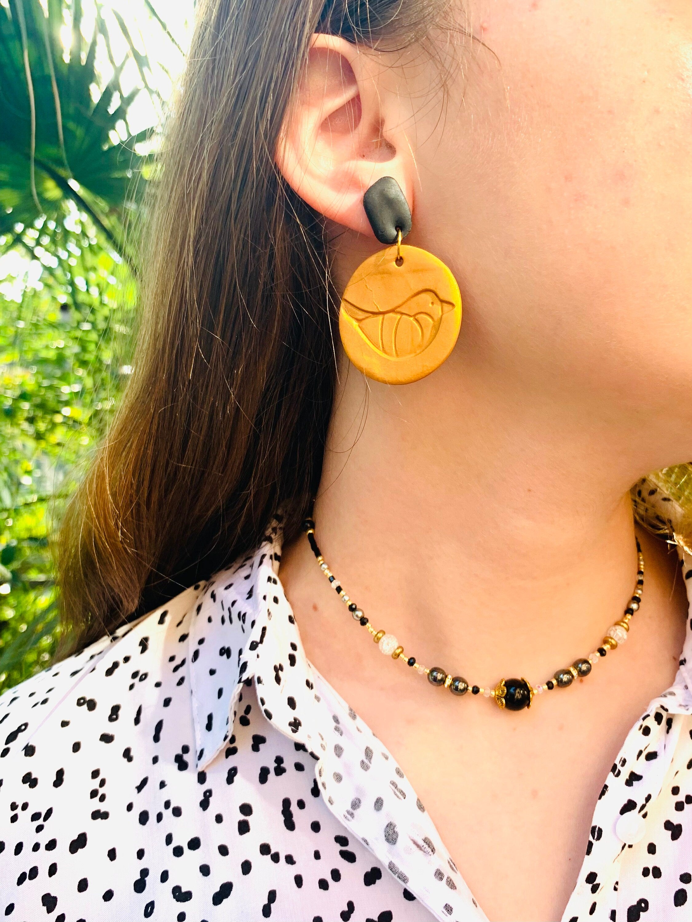 Gold and black bird earrings, Handmade Polymer Clay Earrings, Statement Dangle Earrings, Mothers Day gift, big clip on earrings hoops