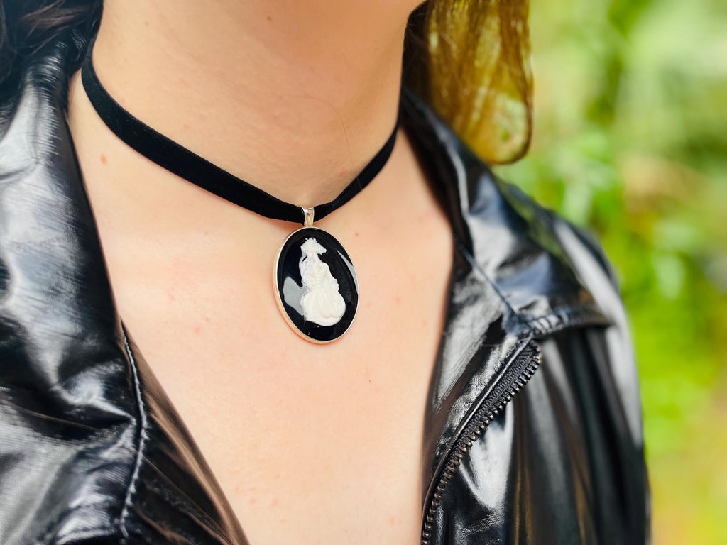 Skeleton Cameo Necklace: Halloween Velvet Ribbon Pendant, Victorian Gothic Jewelry