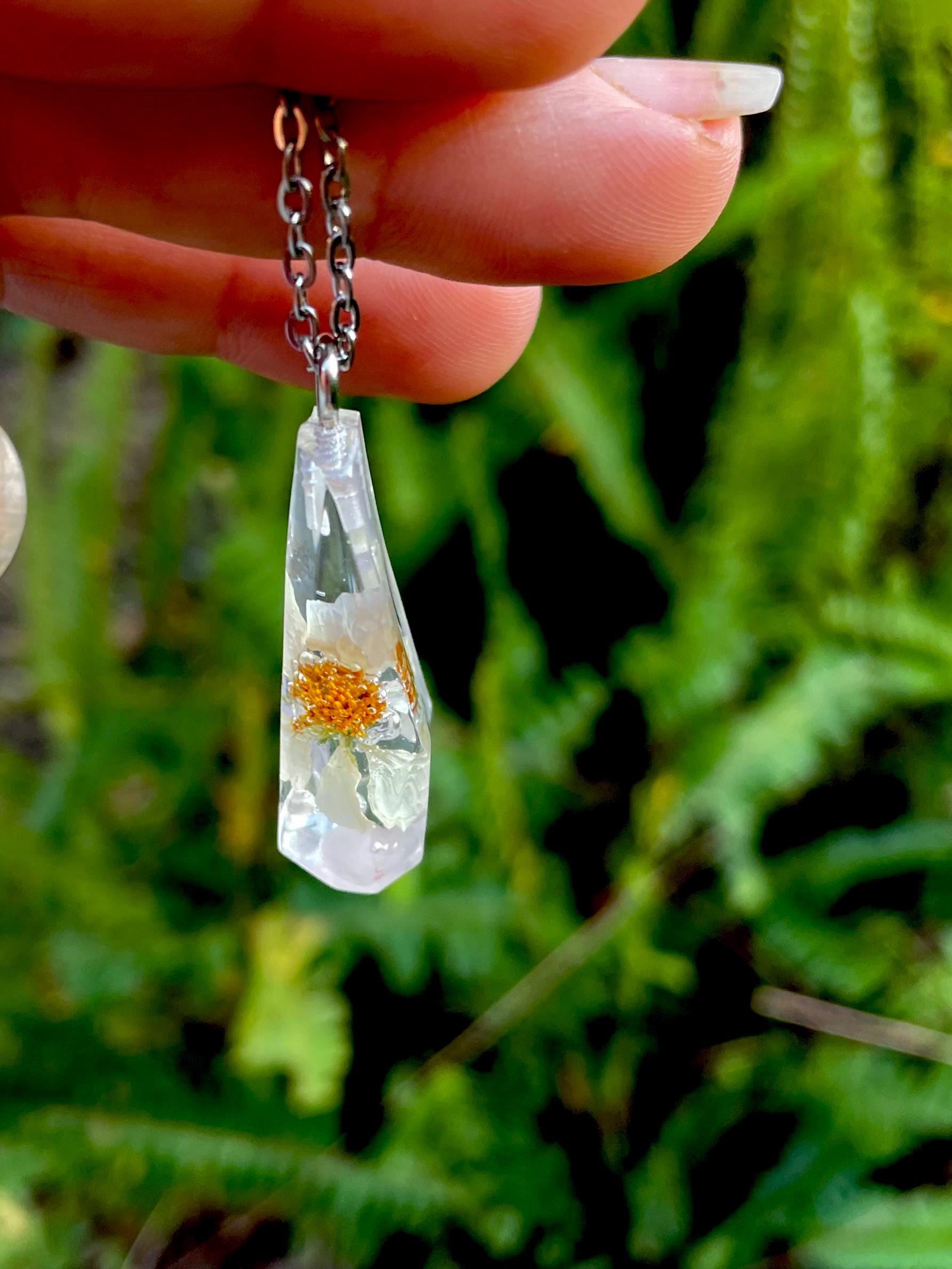 Real Daisy Birthstone Necklace: Pressed Flower Crystal Pendant