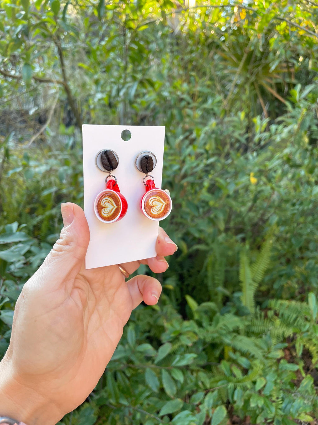 Handmade Real Coffee Bean Latte Cup Earrings: Whimsical Resin Food Jewelry