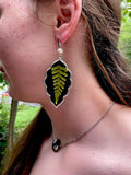 Fern Leaf Baroque Pearl Earrings: Gothic Resin Statement Jewelry