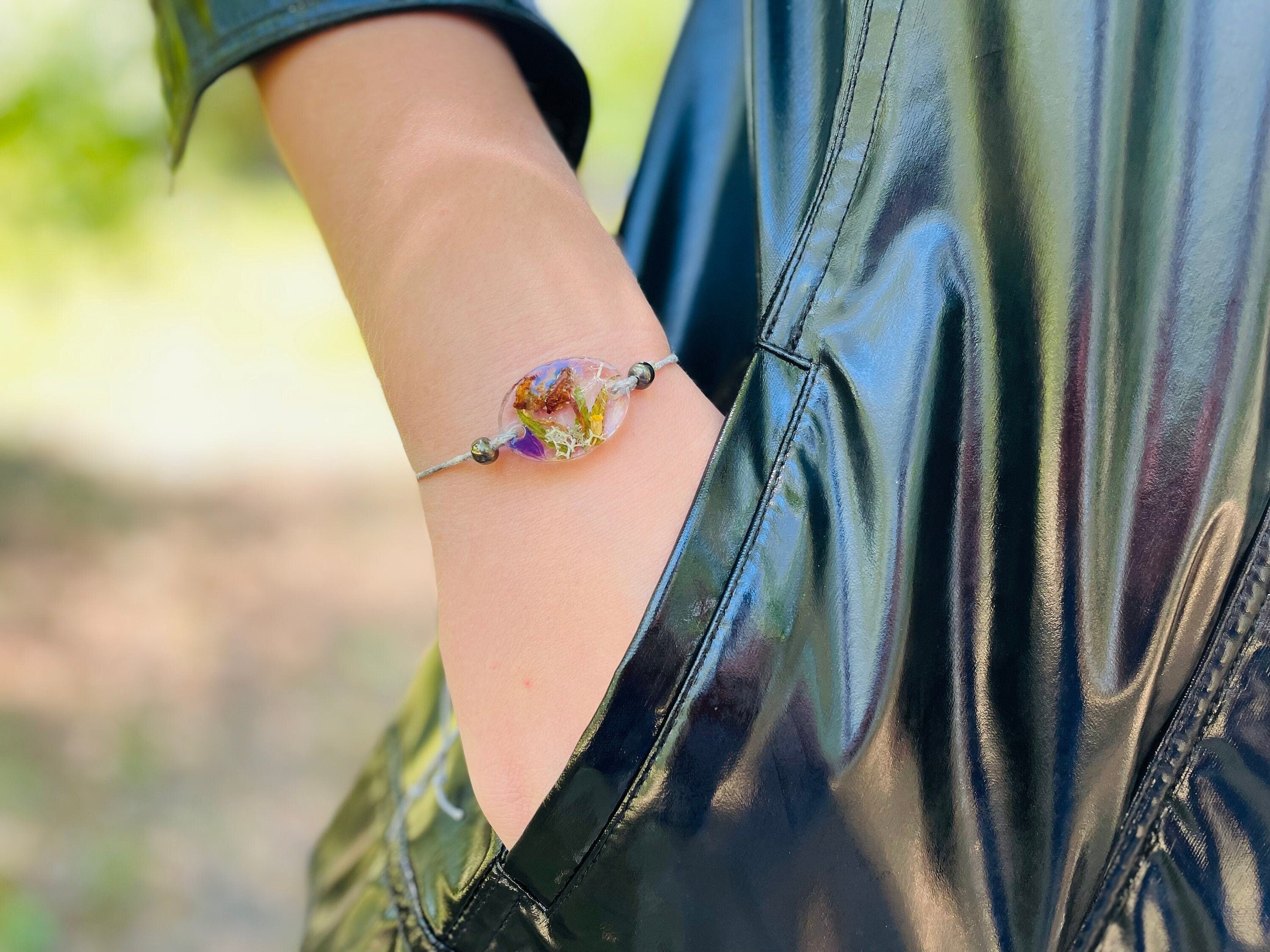Real Mushroom Terrarium Black Leather Bracelet: Cottagecore Resin Jewelry, Birthstone Gift