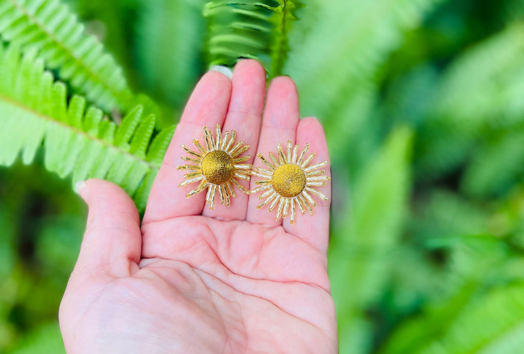 Gold Sunburst Earrings: Beaded Celestial Clip On Studs