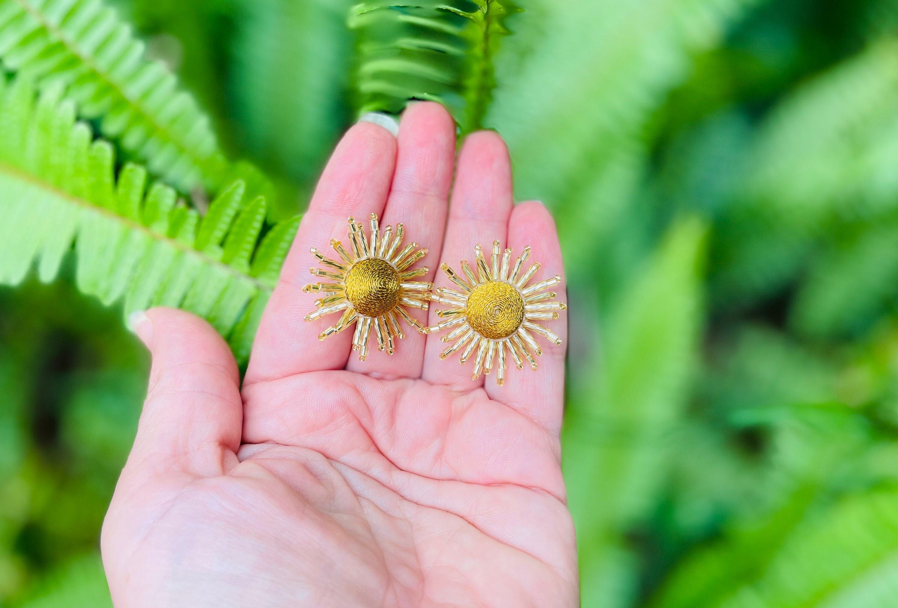 Gold Sunburst Earrings: Beaded Celestial Clip On Studs