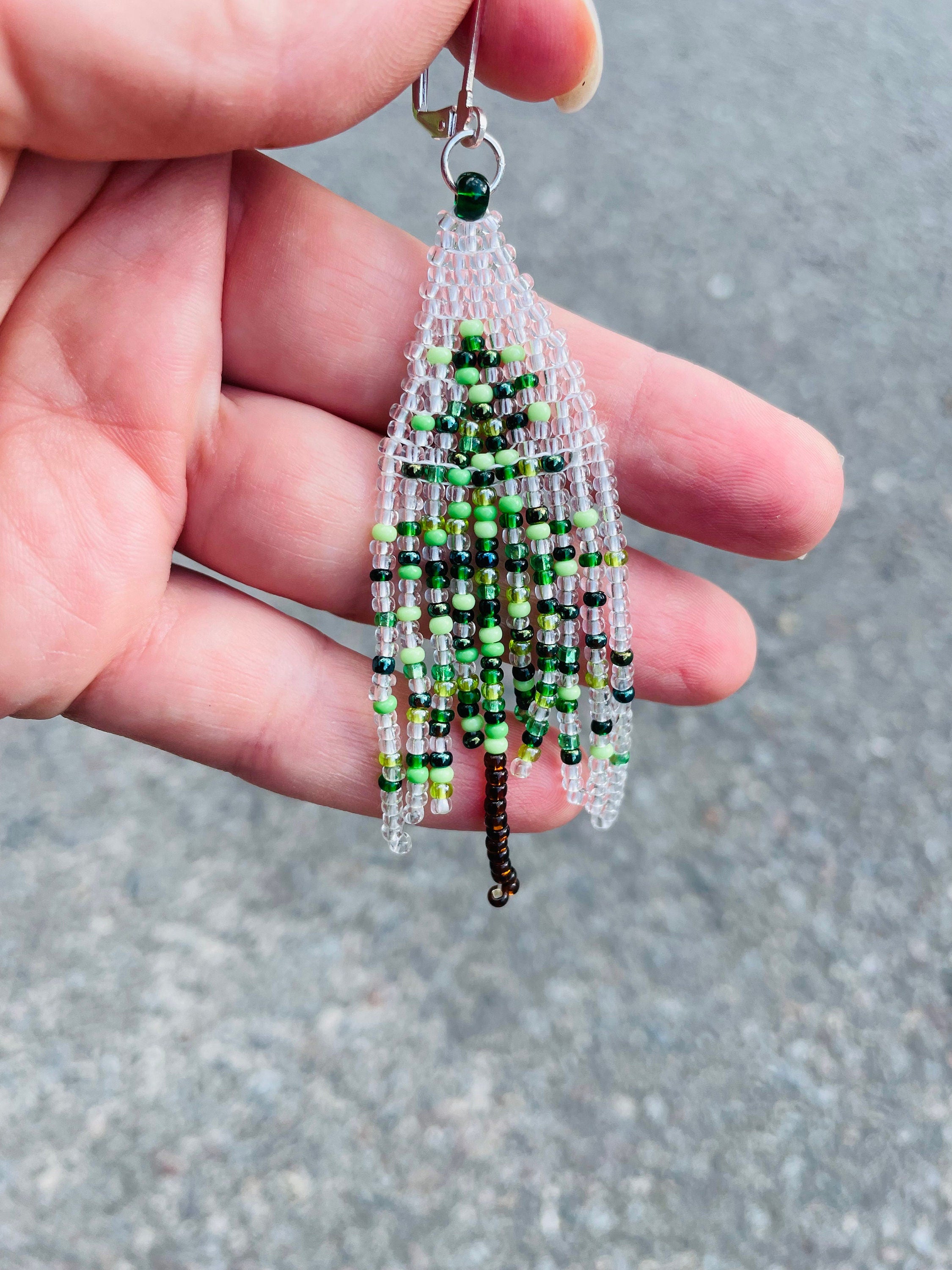 Christmas earrings dangle, Abstract Beaded Fringe earrings, Christmas tree seed bead earrings Green transparent Long earrings Boho Handmade