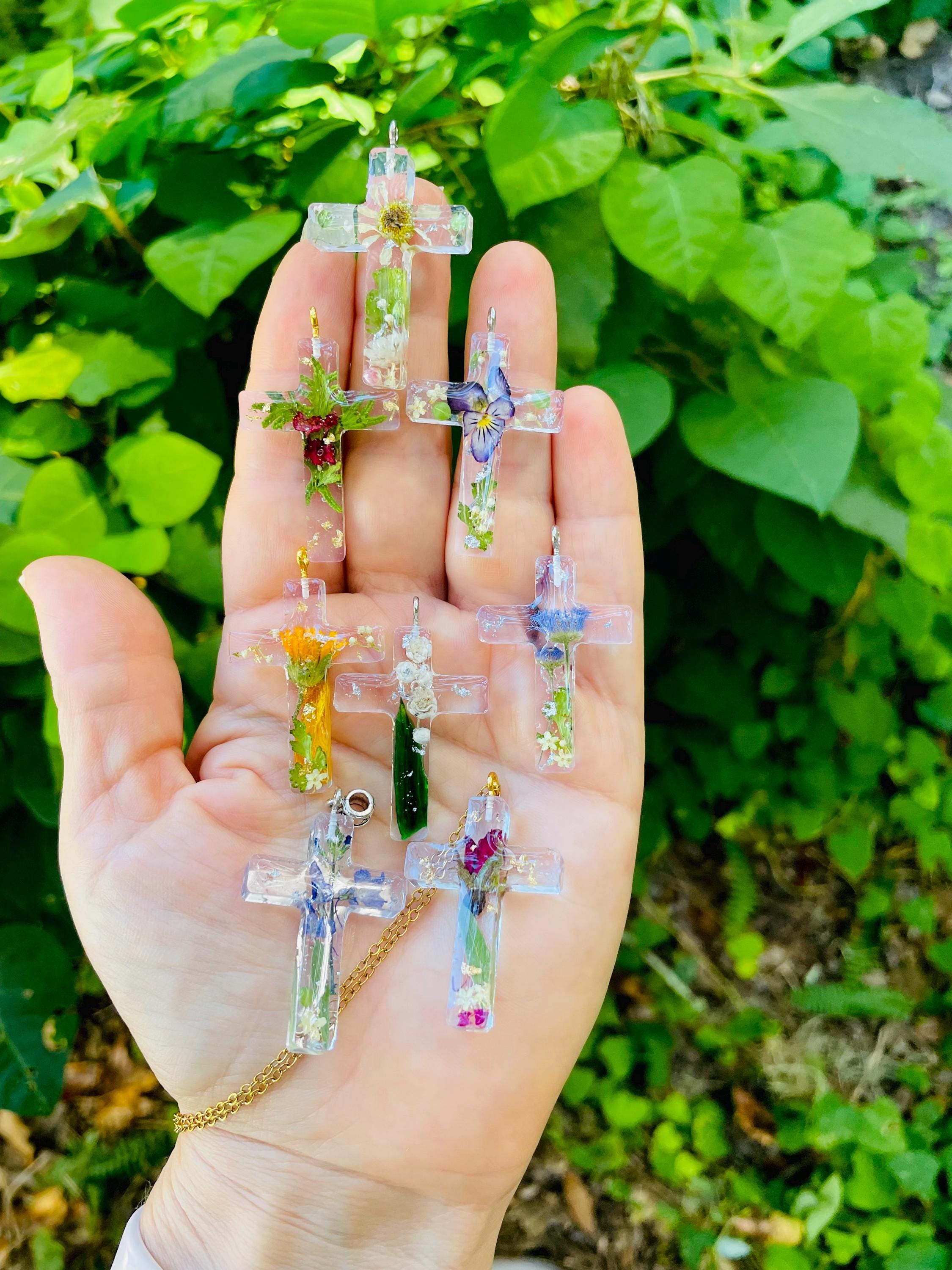 Handmade Custom Birth Flower Necklace: Real Rose Sunflower Resin Cross Pendant