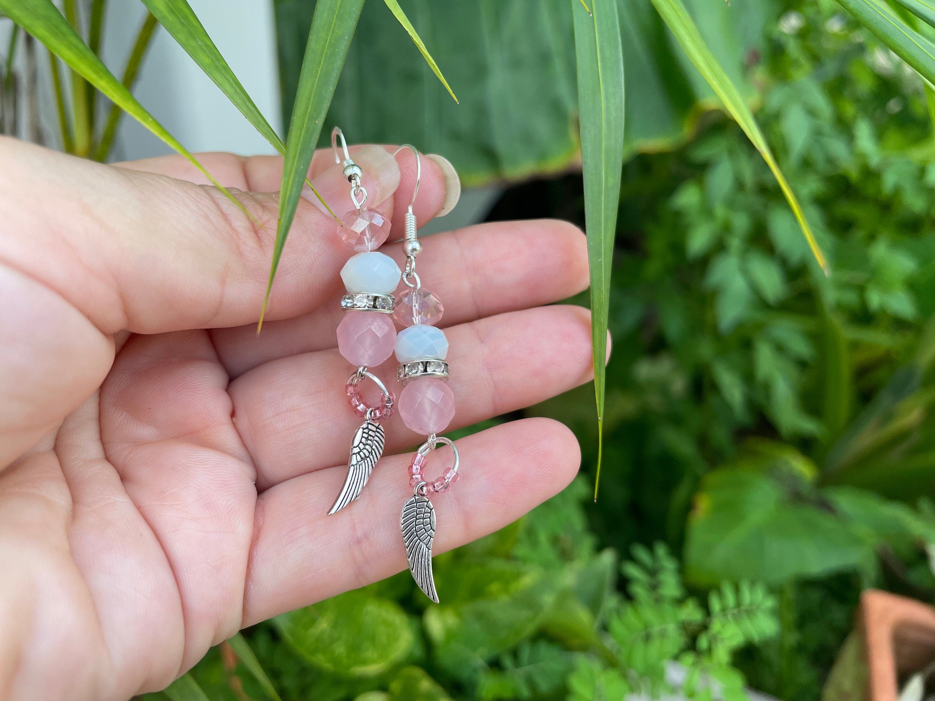October Birthstone Rose Quartz Angel Wing Dangle Earrings: Pink Sterling Silver Bridal jewelry Libra gifts
