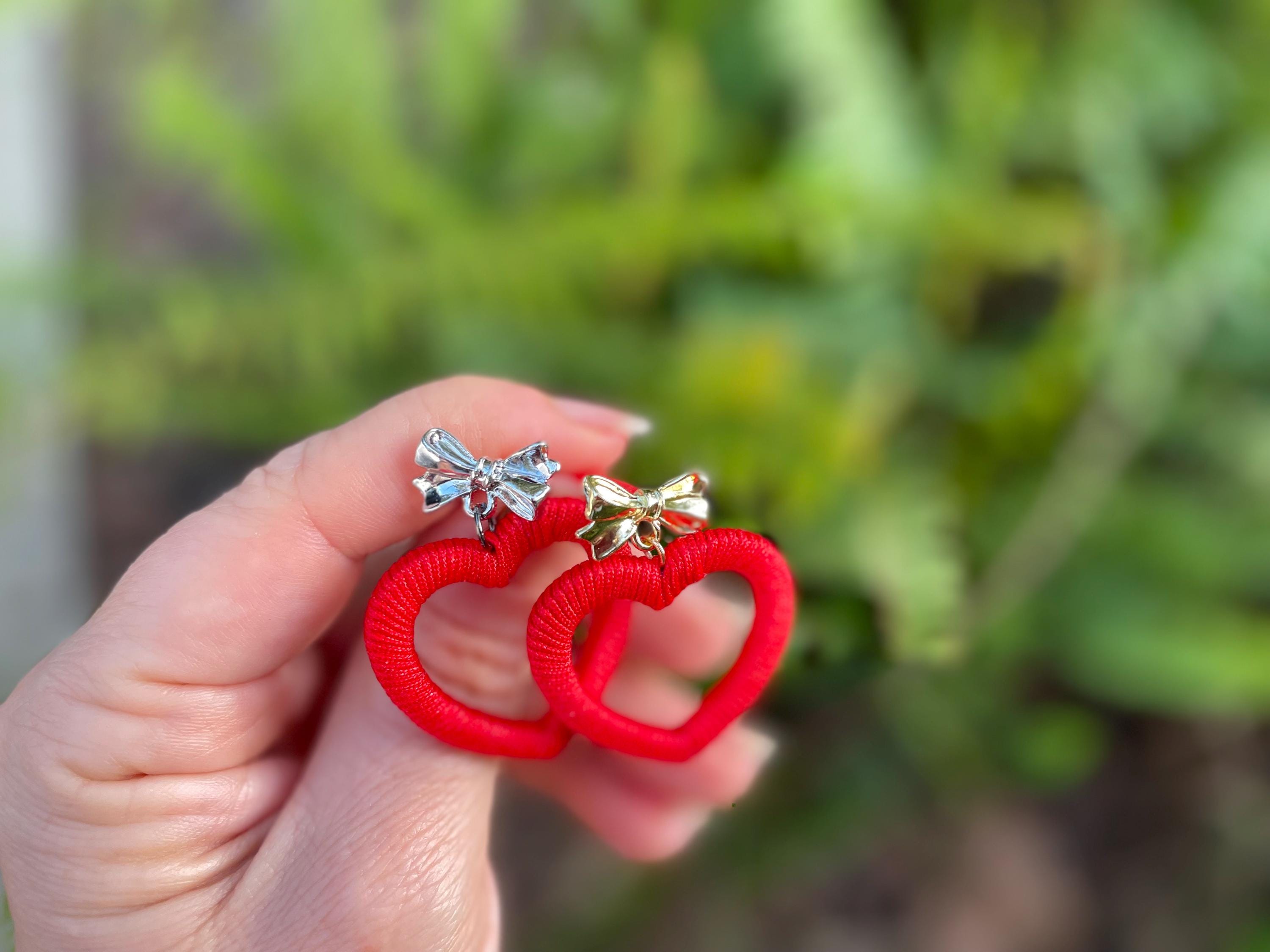Red Heart Earrings: Silk Wrapped Bow Studs, Romantic Jewelry