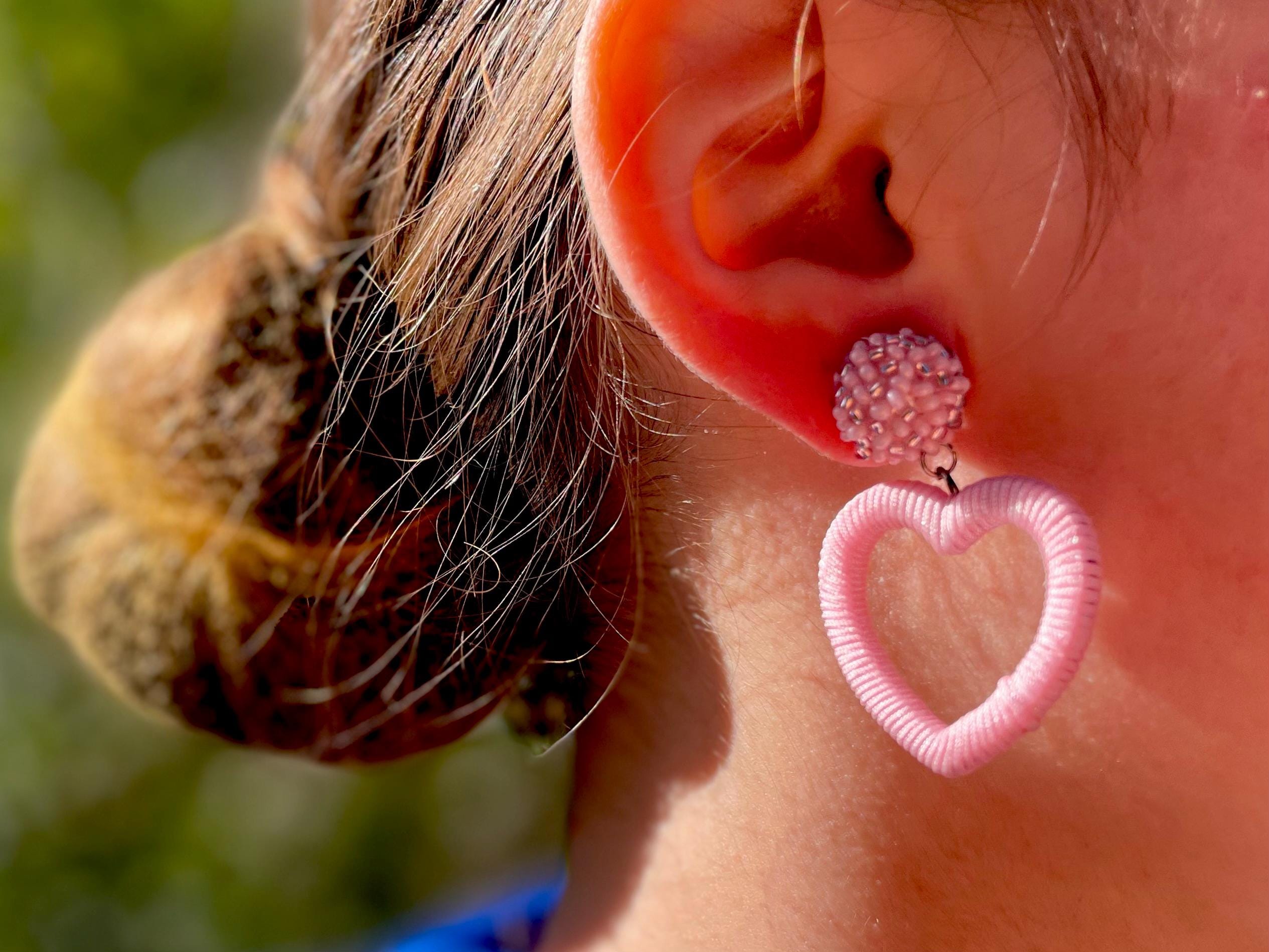 Statement Pink Heart Earrings: Beaded Titanium Studs or Clip-Ons