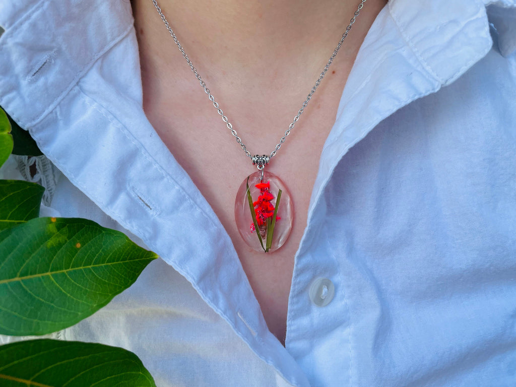 Gladiolus Birth Flower Necklace: Pressed Flower Resin Pendant, August Birthday