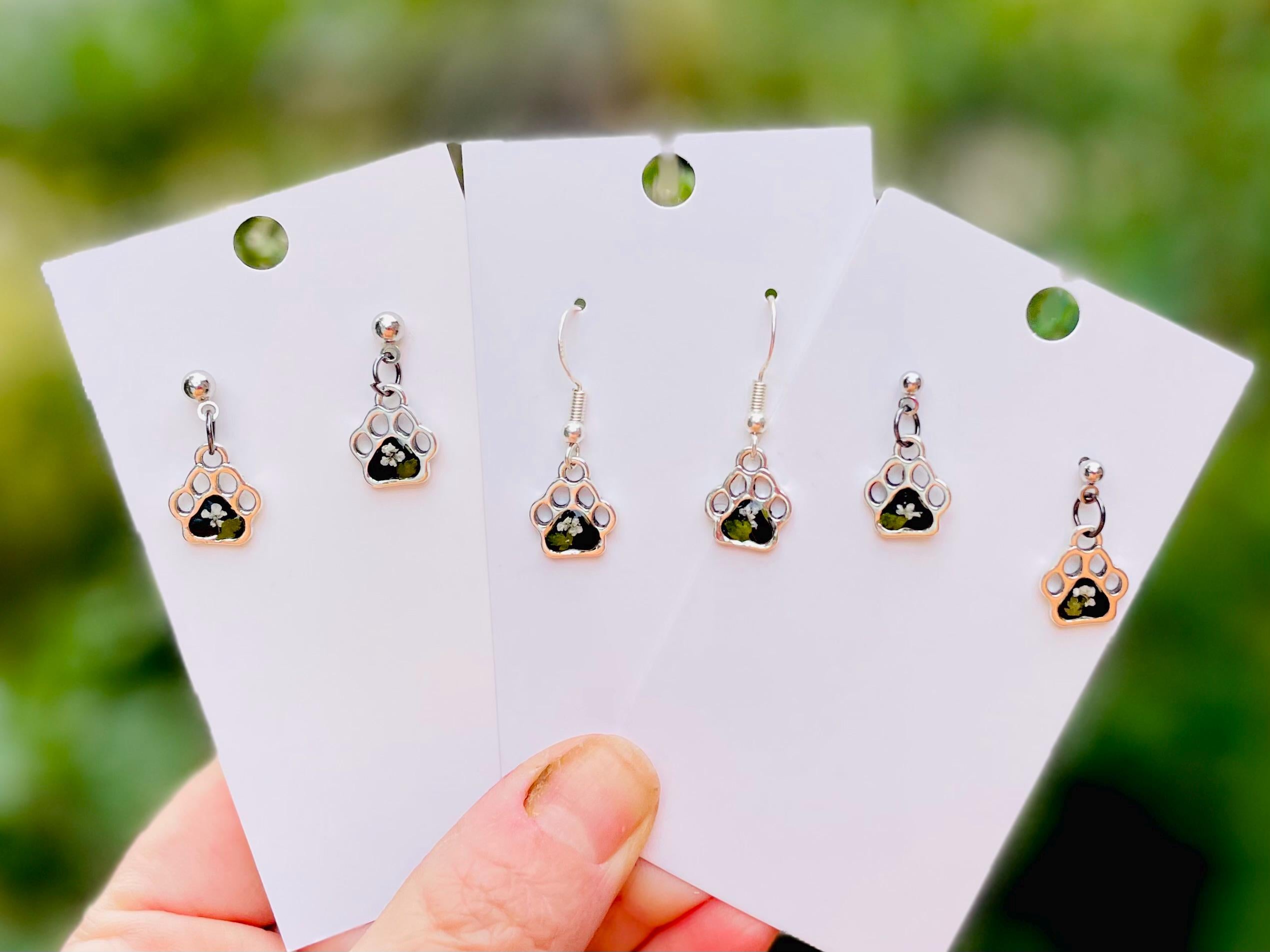 Tiny Paw Print Post Earrings: Birthstone Personalized Silver Pet Jewelry with Real Pressed Flowers