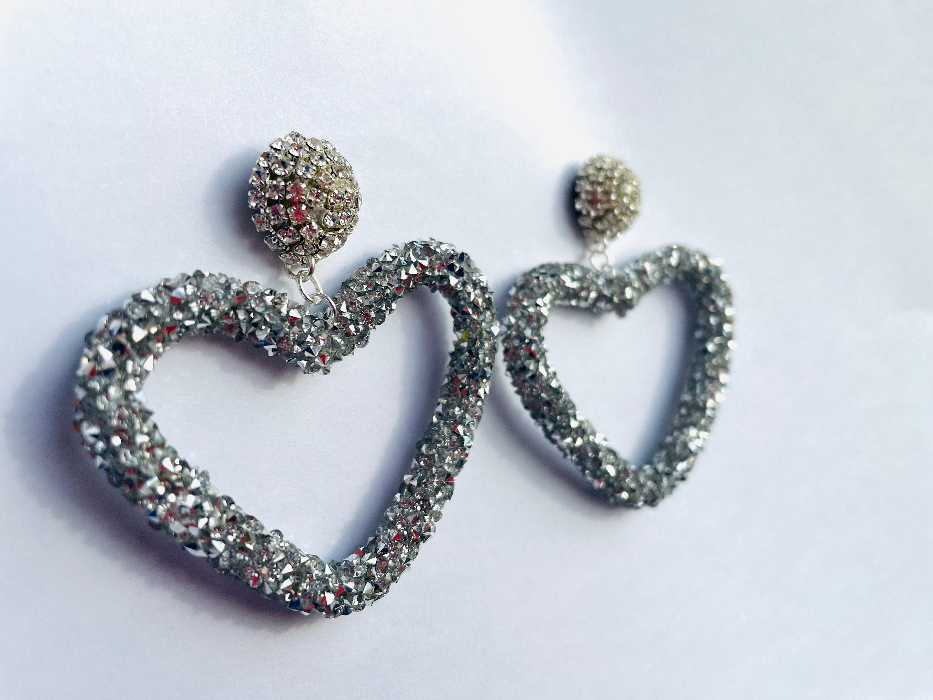 Open Cora Large Hoop Heart Crystal earrings Silver, Drop Earrings Les Bonbon, Big Heart Shaped Rhinestone Statement Earrings gift for her