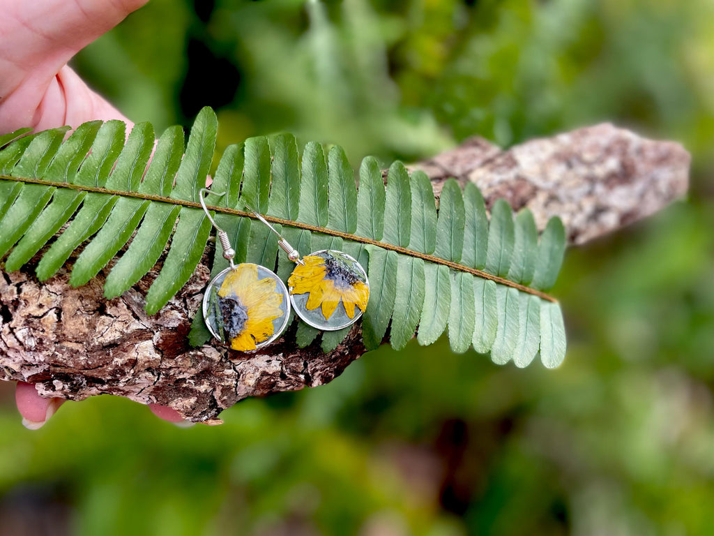 Real Pressed Sunflower Earrings: Sterling Silver Dangle Resin Jewelry