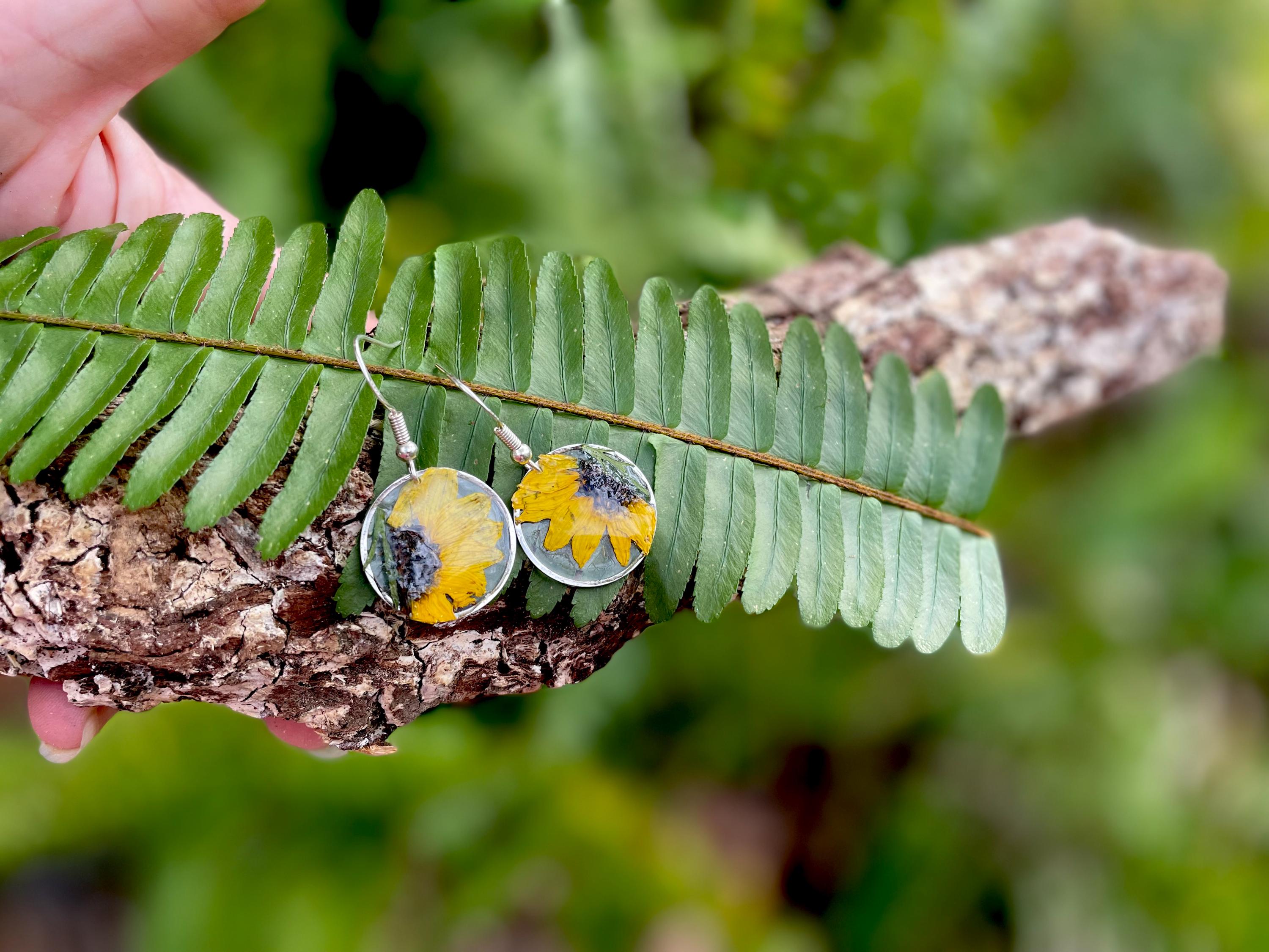 Real Pressed Sunflower Earrings: Sterling Silver Dangle Resin Jewelry