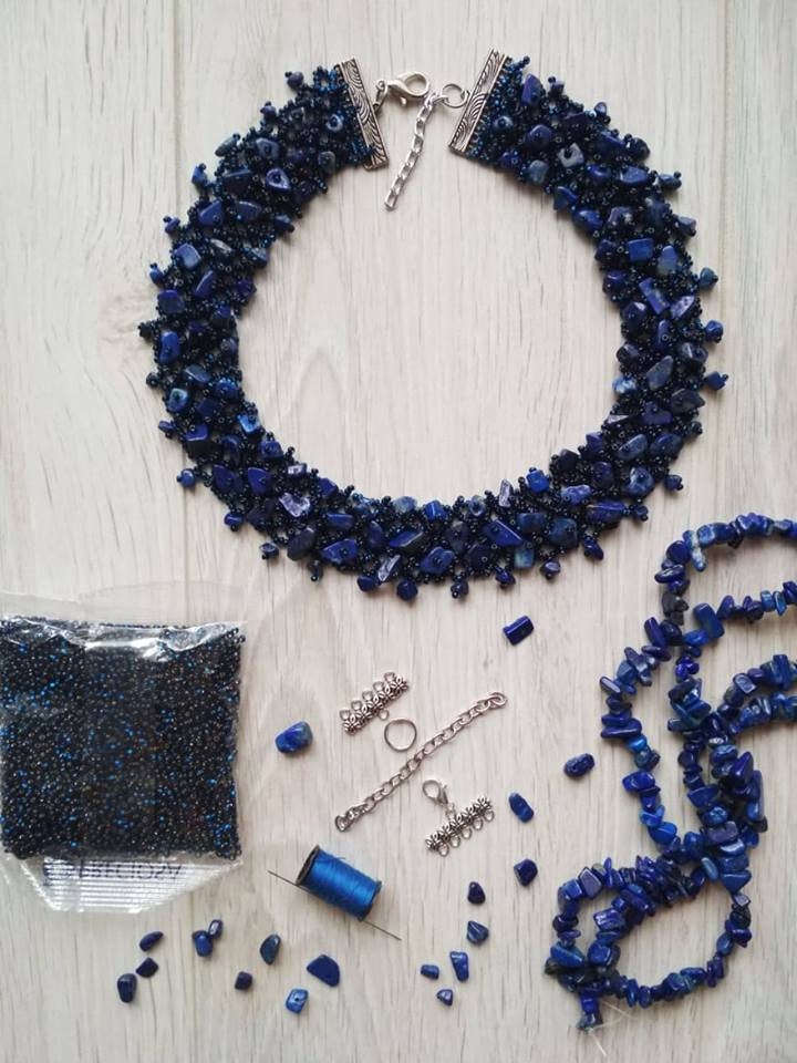 Raw birthstone Lapis Lazuli crystal necklace collar unique holiday gift for her handmade beaded jewelry set for mom wife September birthday