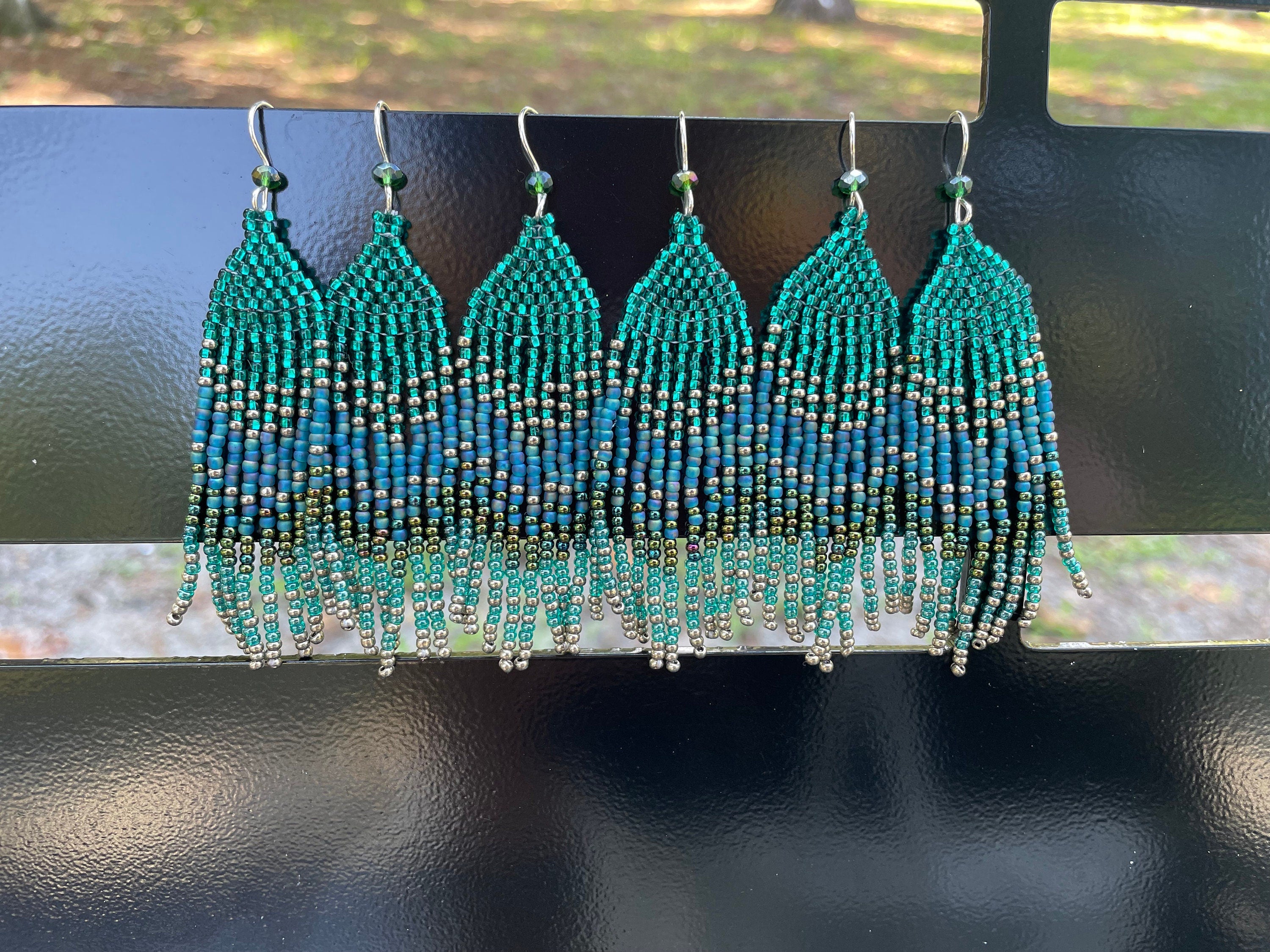 Sterling silver emerald green beaded earrings, Long earrings dangle, Fringe earrings Native American Seed bead earrings, Chandelier earrings