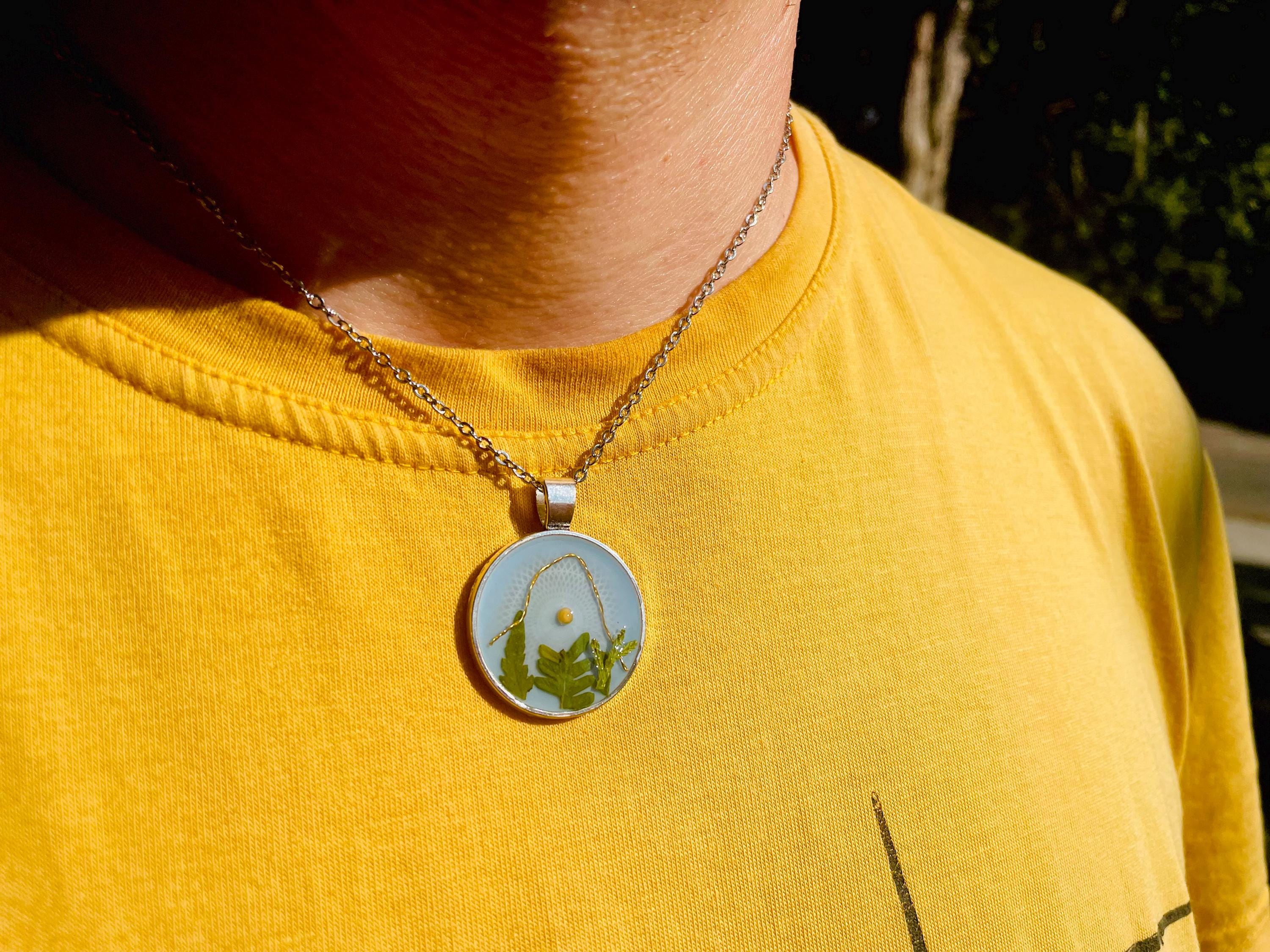 Mountain Fern Mustard Seed Necklace for Men/Women: Silver Sky Blue Pendant