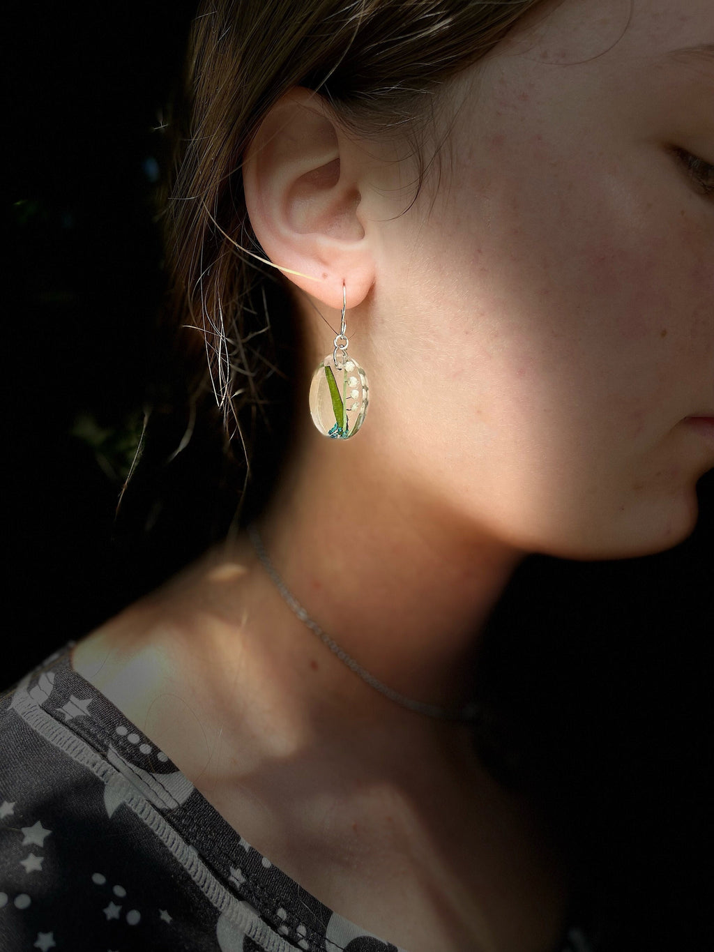 Lily of the Valley Earrings: Gold Teardrop Resin May Birth Flower