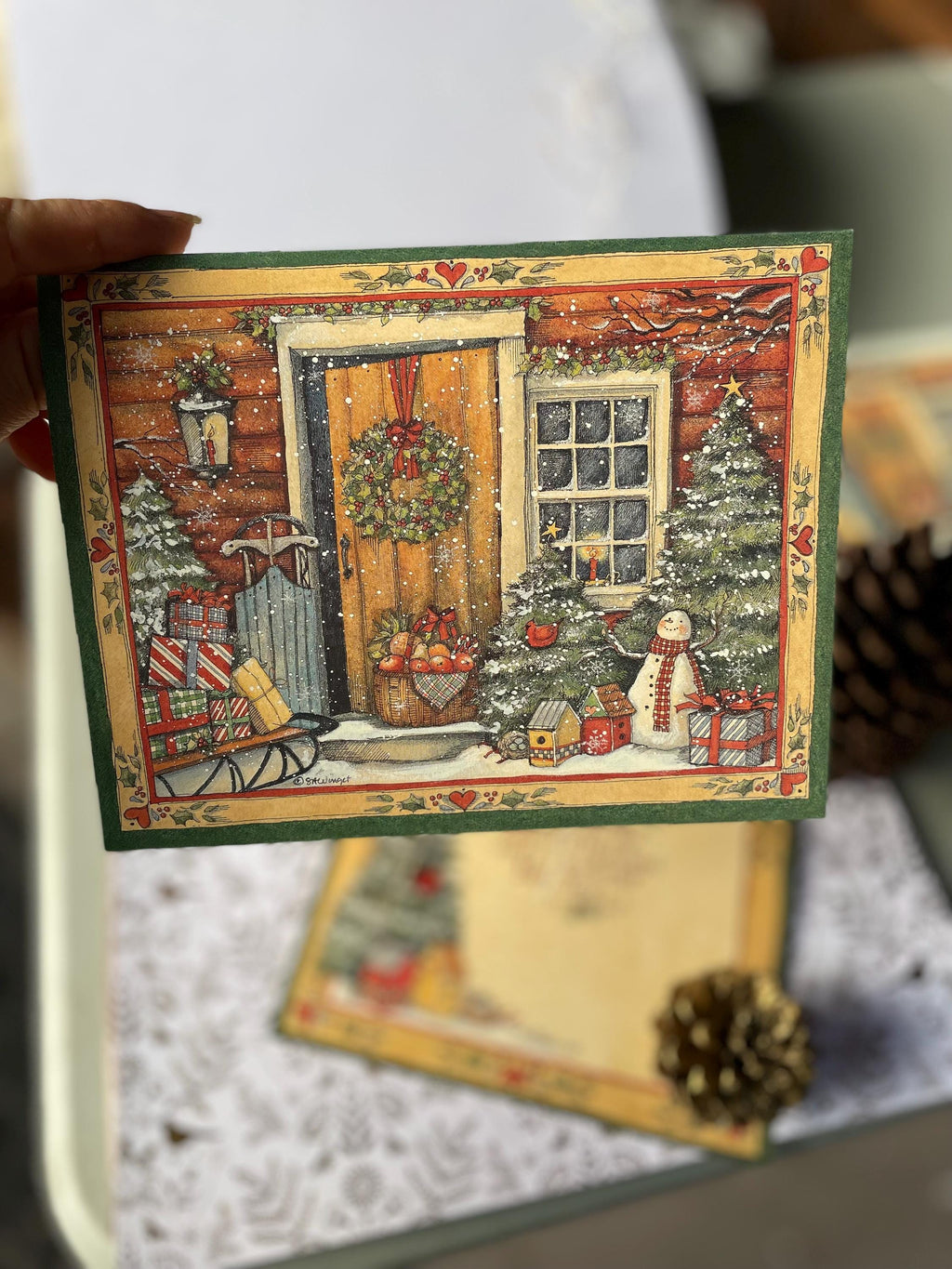 Holiday Door Christmas card boxed Vintage Old Fashion Christmas Card Snowman Sleigh Presents Christmas Wreath Farmhouse Winter Greeting Card