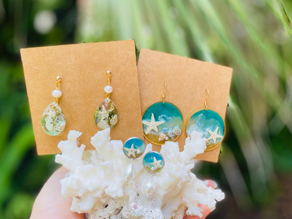 Real Starfish Resin Dangle Earrings: Seashell & Pearl, Ocean Theme