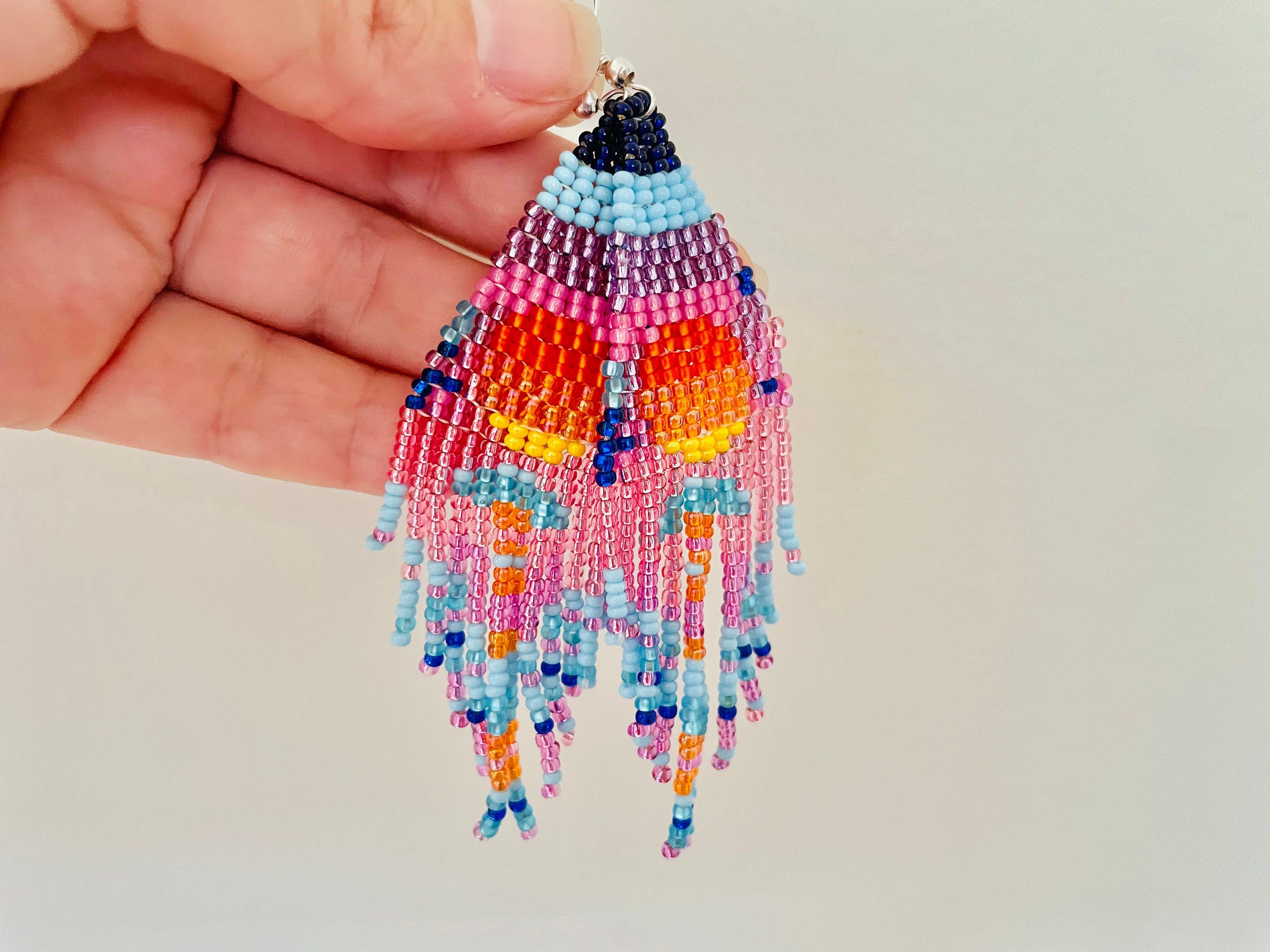 Pink Sunset long fringe Earrings dangle chandelier Seed bead earrings Artistic Beadwork earrings Seed bead Boho earring Sky Landscape Sea