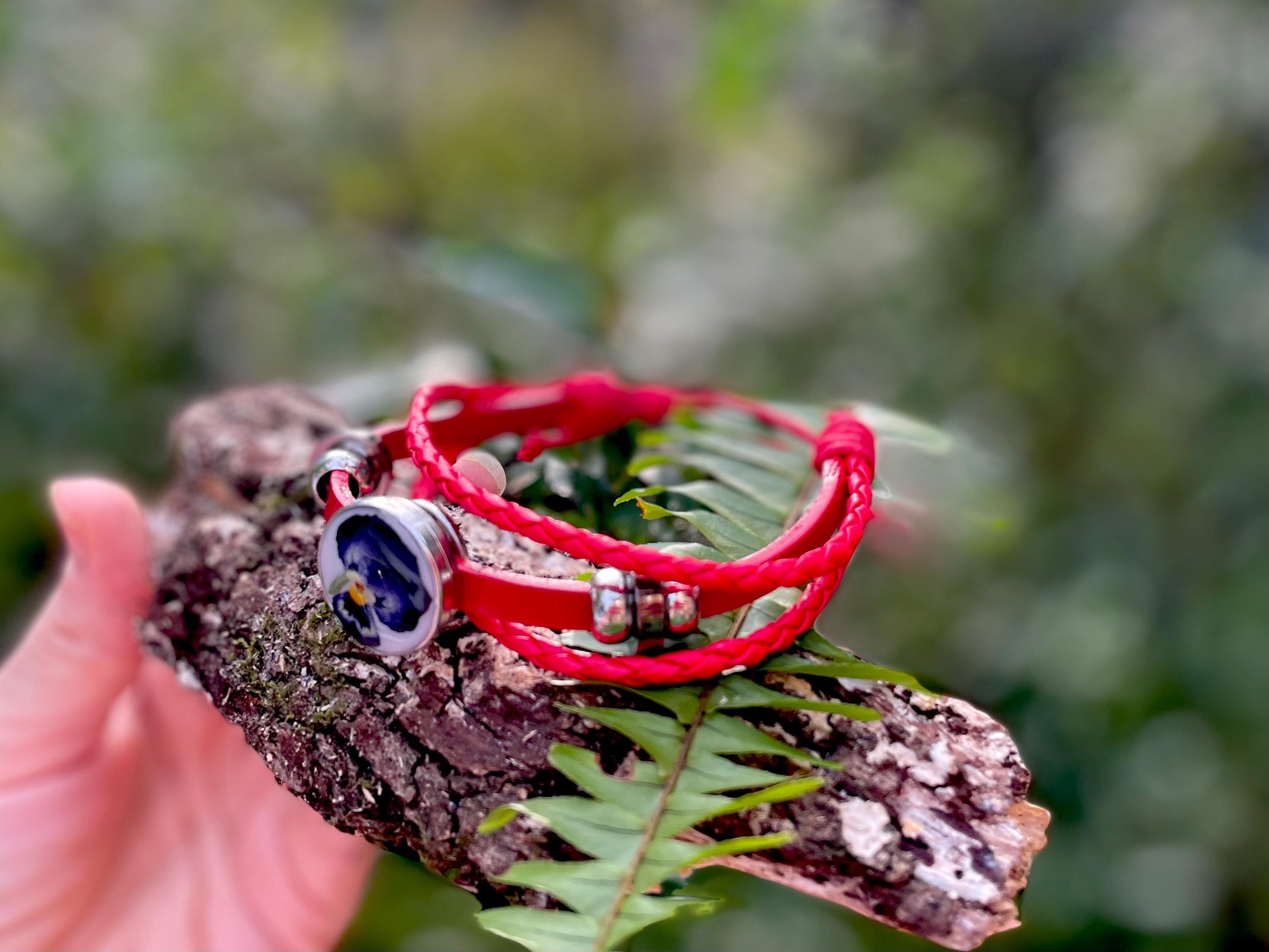 Red Leather 3 Wrap Bracelet: Pansy Violet February Birth Flower, Beaded Boho Jewelry