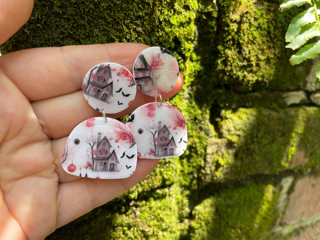 Haunted Mansion Halloween Earrings Clay: Spooky Season Unique Clip-Ons or Posts