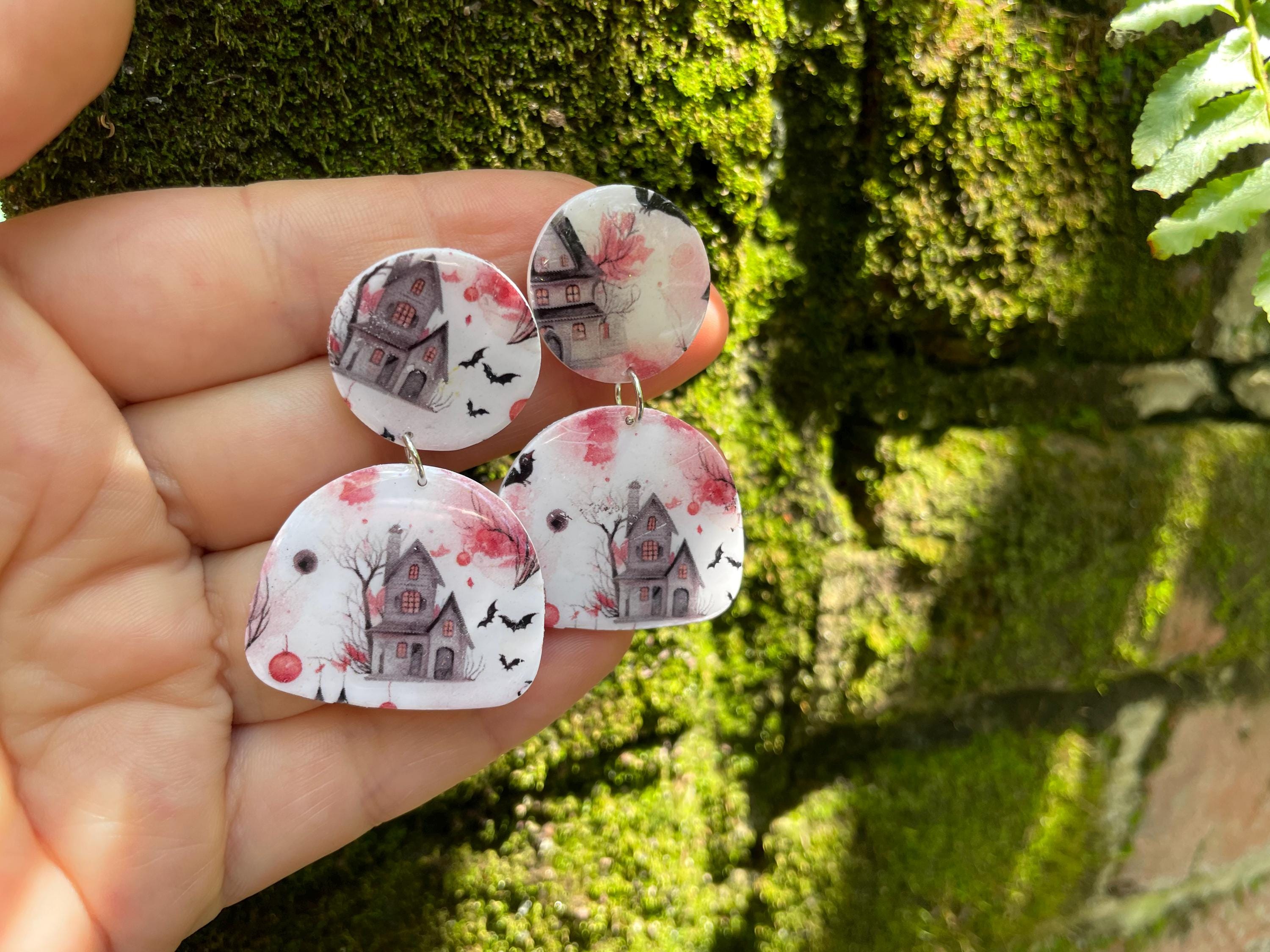 Haunted Mansion Halloween Earrings Clay: Spooky Season Unique Clip-Ons or Posts