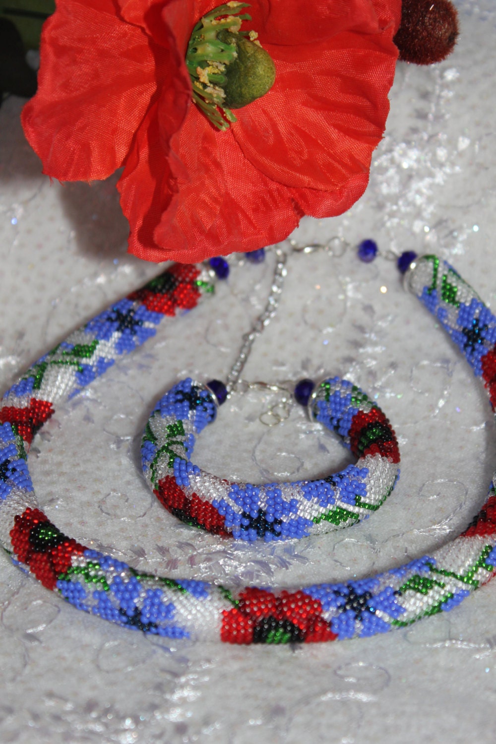 Flower bracelet, seed bead Crochet flower bracelet for women, Sunflower red poppy blue flower floral bridal jewelry, bangle bracelet