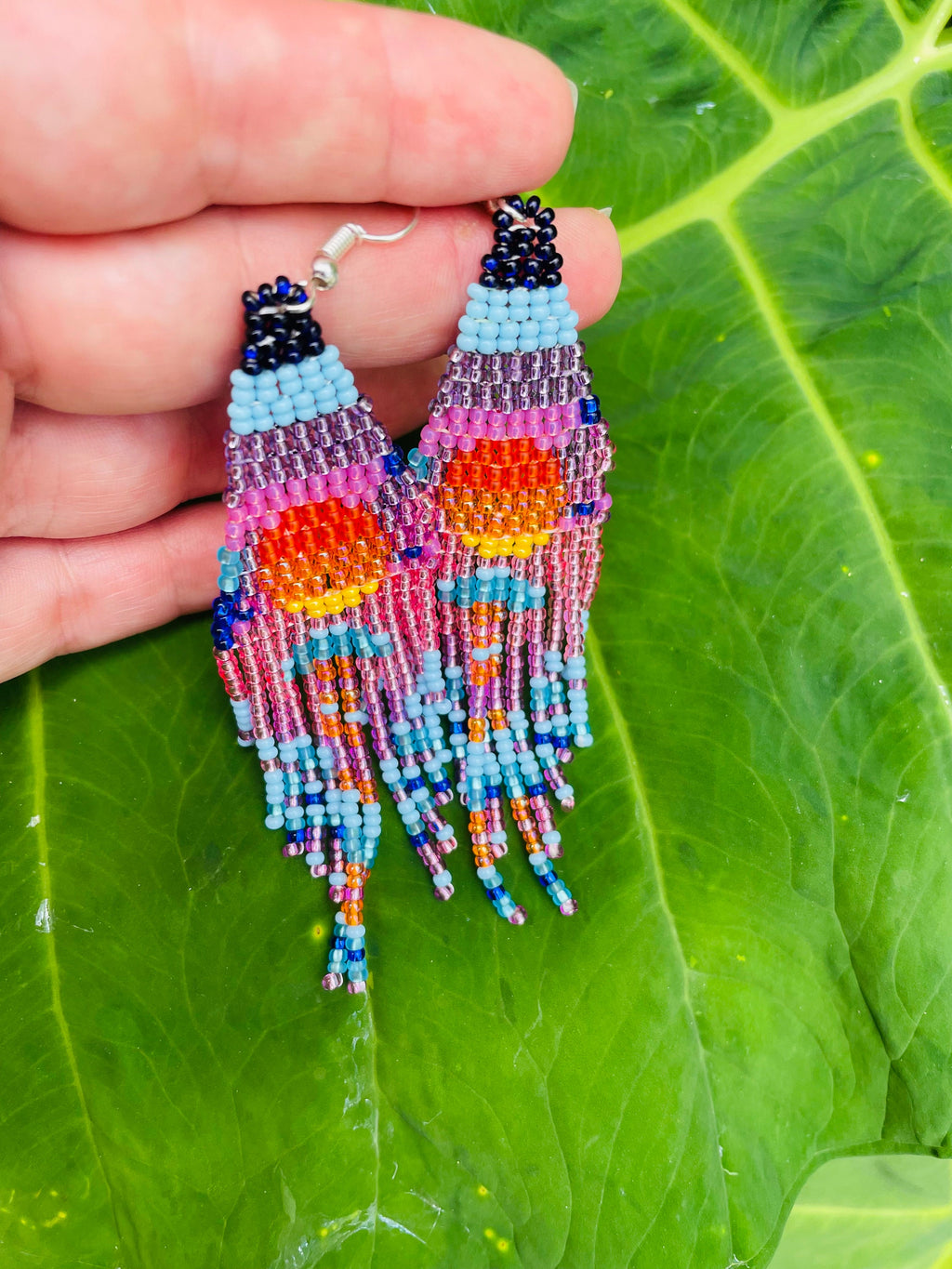 Pink Sunset long fringe Earrings dangle chandelier Seed bead earrings Artistic Beadwork earrings Seed bead Boho earring Sky Landscape Sea