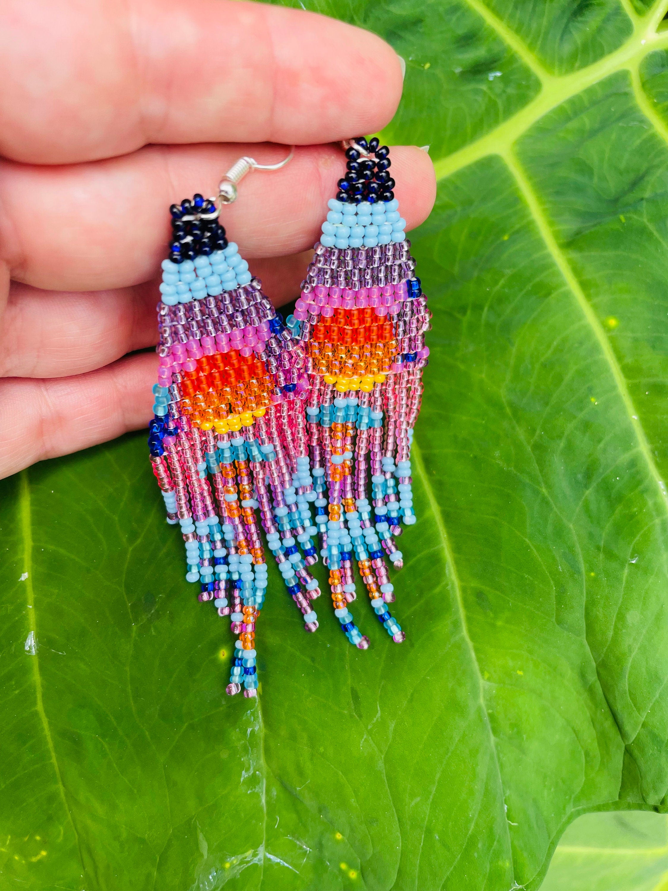 Pink Sunset long fringe Earrings dangle chandelier Seed bead earrings Artistic Beadwork earrings Seed bead Boho earring Sky Landscape Sea