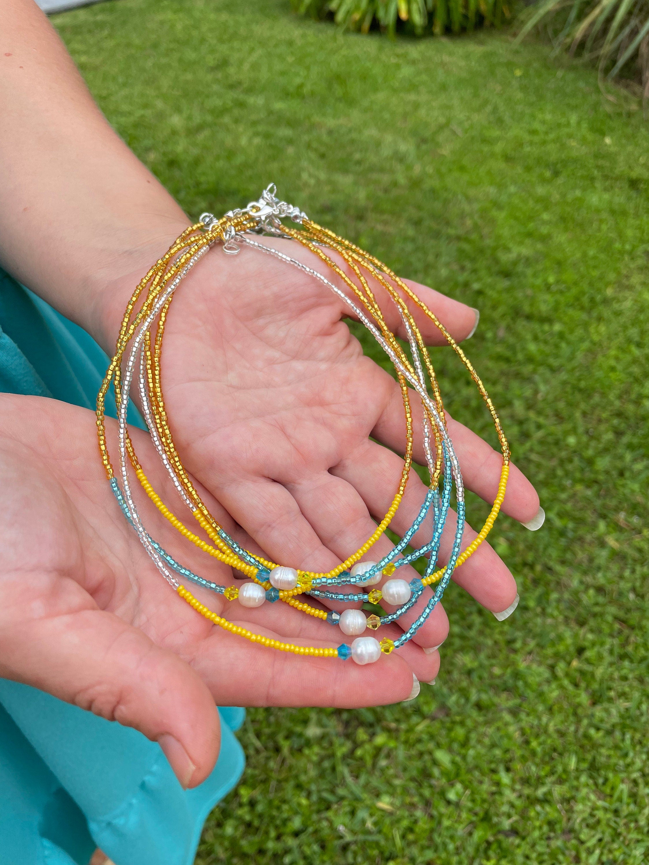 Minimalist beaded choker necklace with a real freshwater baroque pearl, Ukrainian flag colors gold or silver seed beaded necklace for women