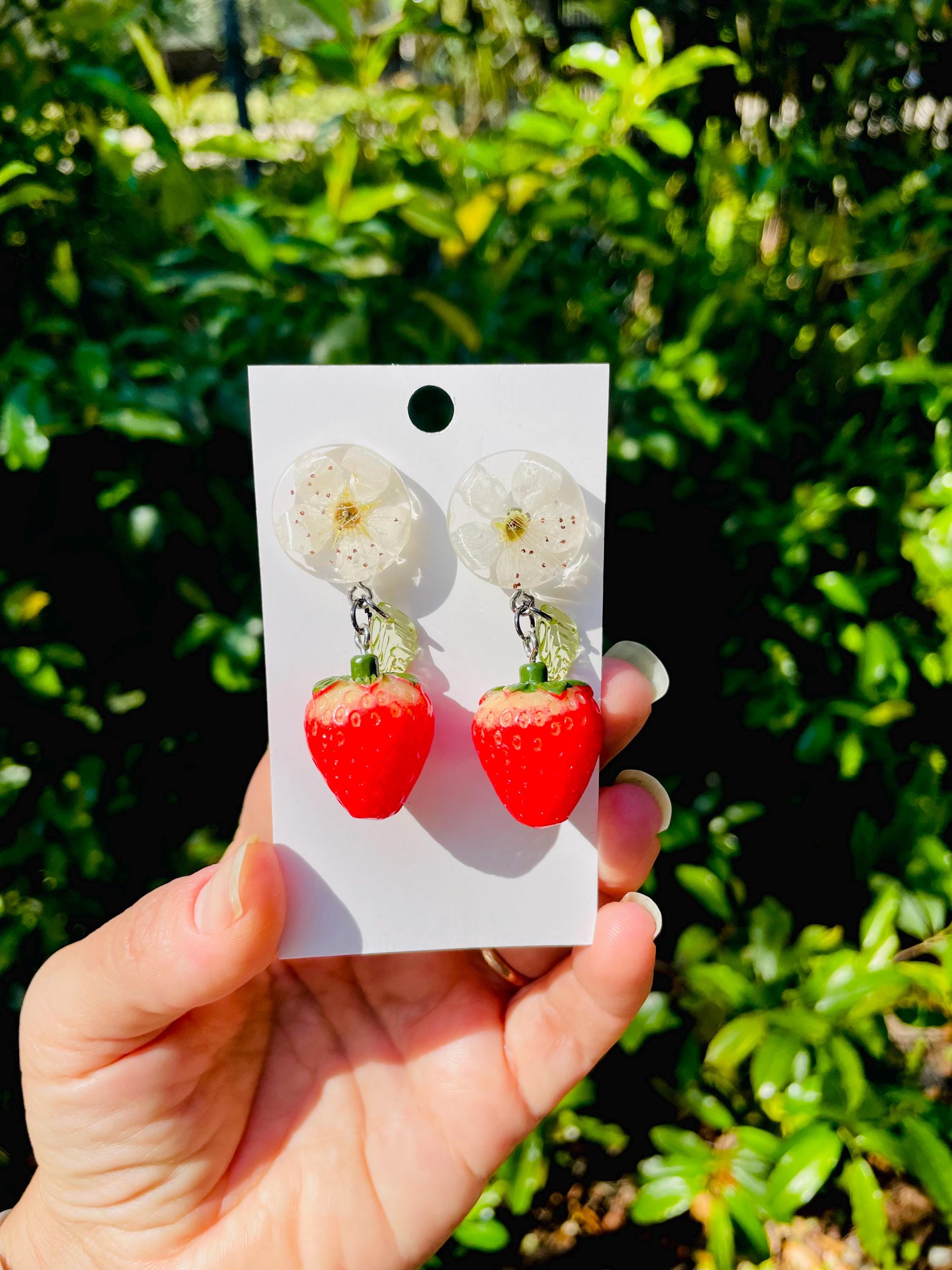 Strawberry Earrings: Real Blossom, Sterling Silver Hooks, Botanical Jewelry