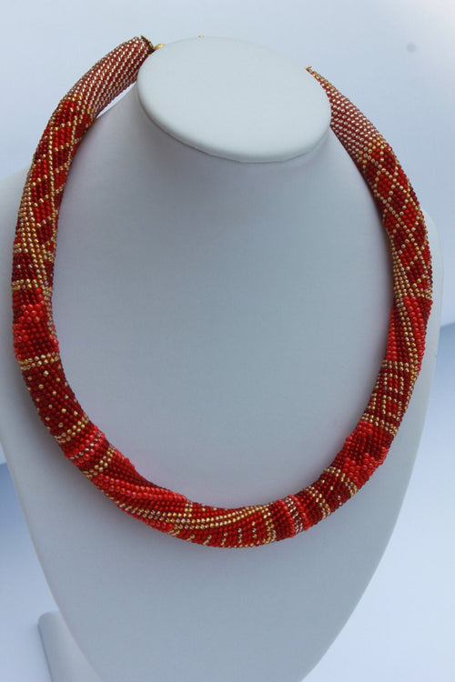 Birthday gift for her, red necklace, beaded choker, patchwork necklace, girlfriend birthday present, bridesmaid necklace, handmade jewelry