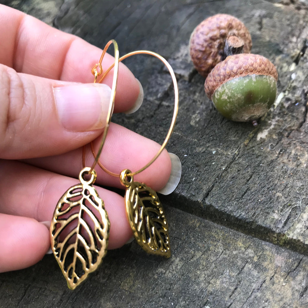 fall earrings gold leaf earrings hoops, woodland jewelry for bridesmaid, autumn accessory for girlfriend, fall present women rustic wedding