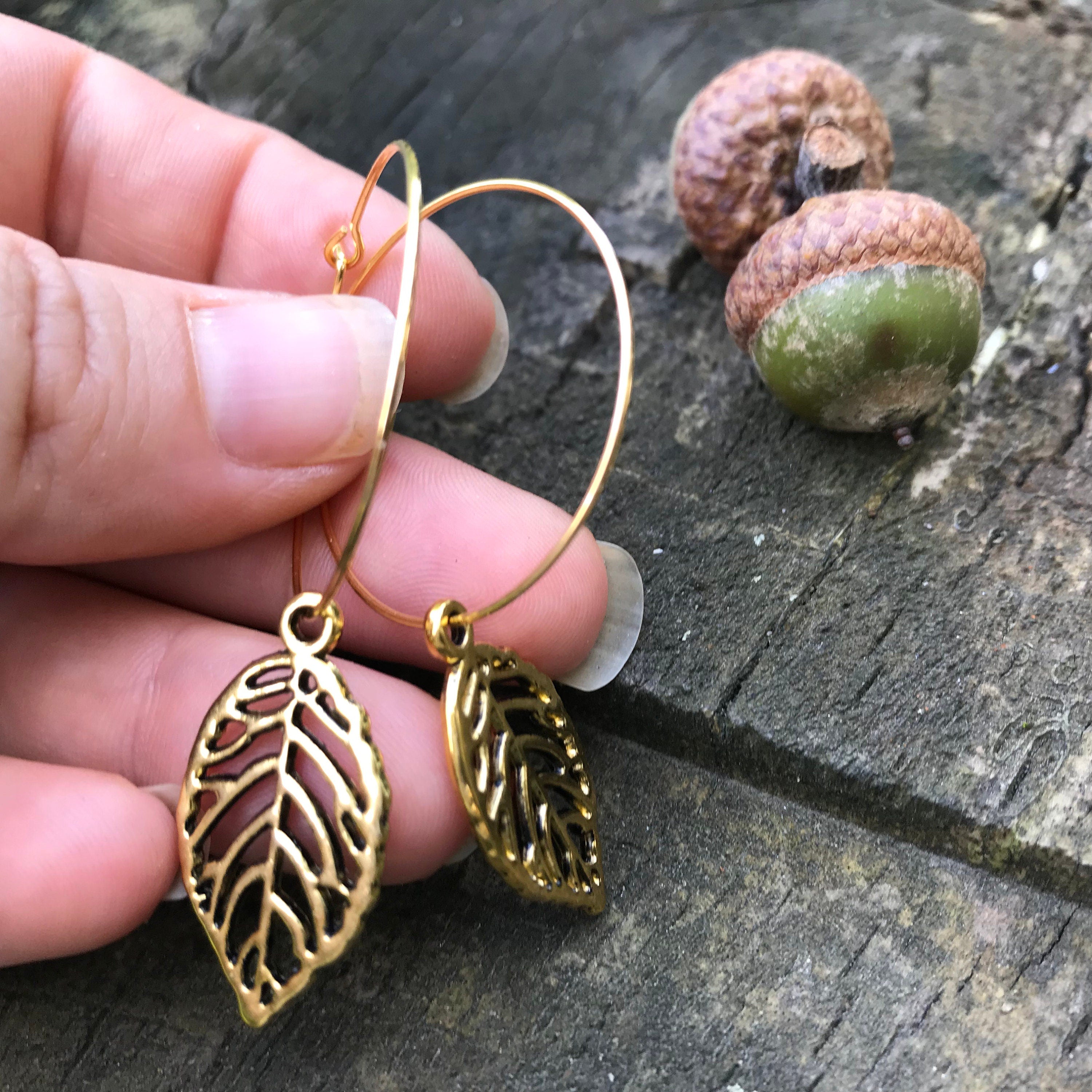fall earrings gold leaf earrings hoops, woodland jewelry for bridesmaid, autumn accessory for girlfriend, fall present women rustic wedding