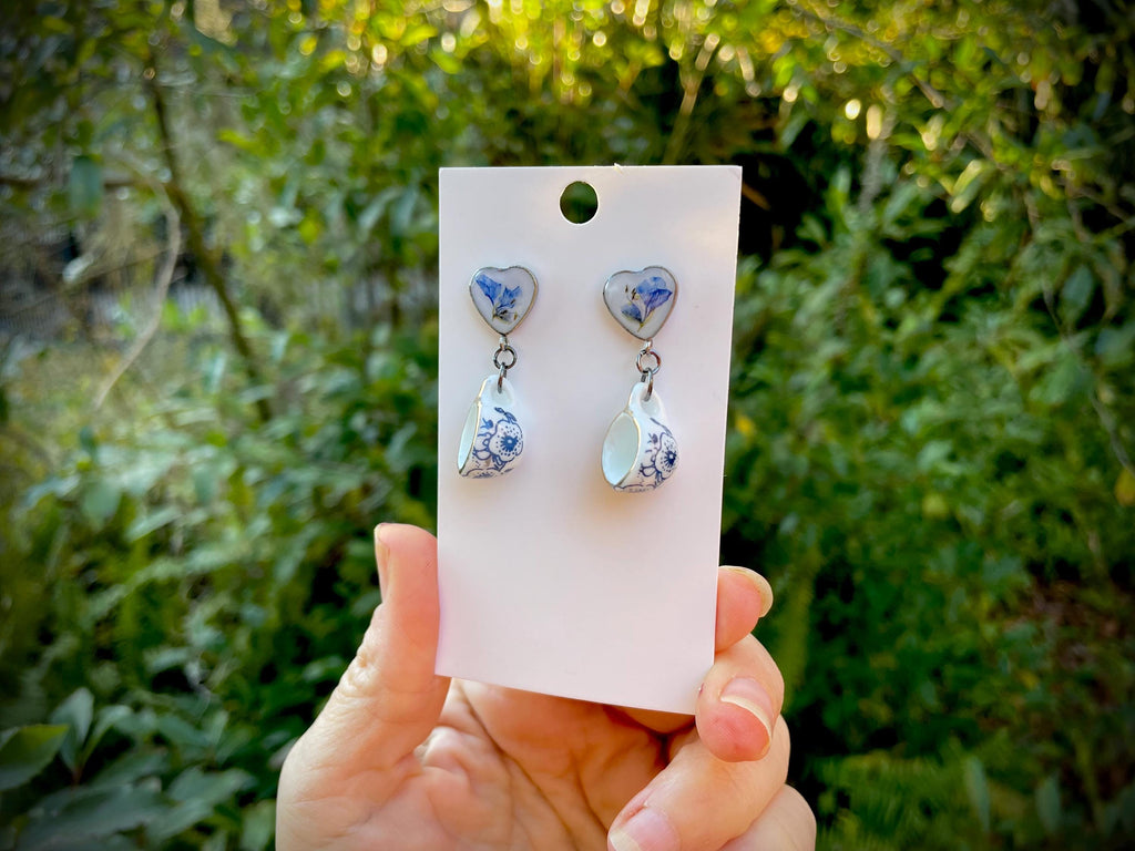 Tea Cup Dangle Earrings: Pressed Flower Heart, Blue & White Porcelain Studs 20th Anniversary