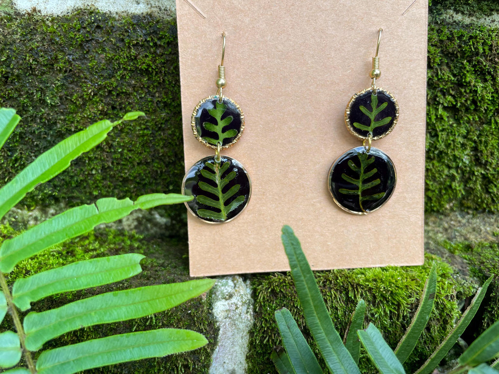 14K Gold Fern Earrings: Real Leaf Dangle Earrings, Botanical Jewelry Black
