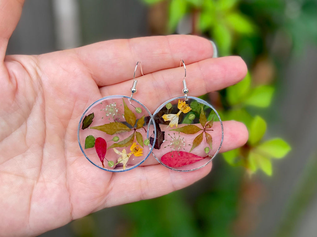Fall Resin Earrings: Real Autumn Leaves, 14K Gold or Sterling Silver