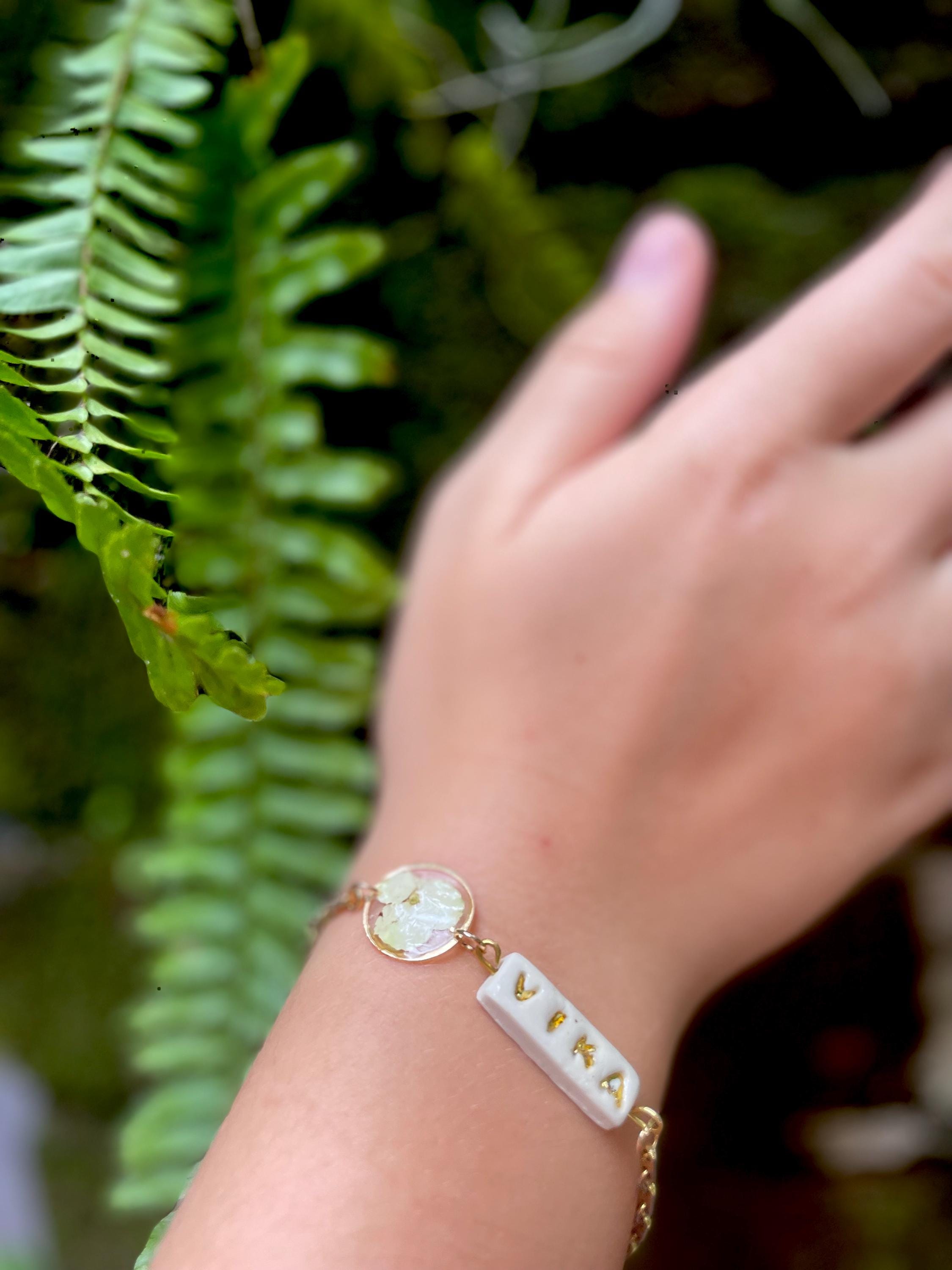 Personalized Name Bracelet: Real Hydrangea Charm, Handmade Porcelain Jewelry