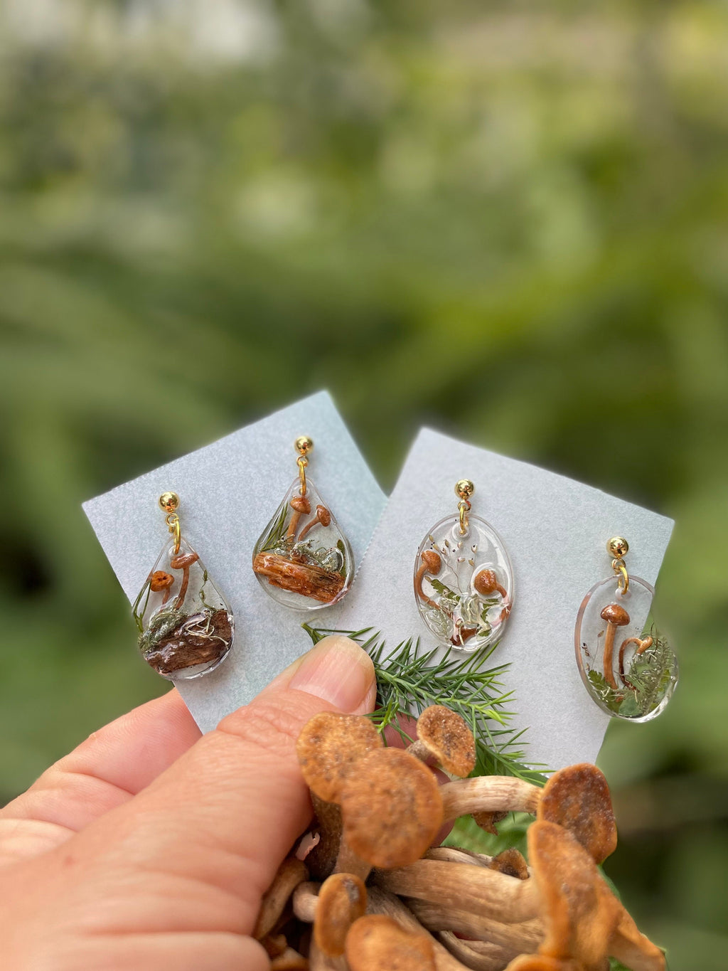 Mushroom Terrarium Necklace: Real Moss & Fern, Sterling Silver