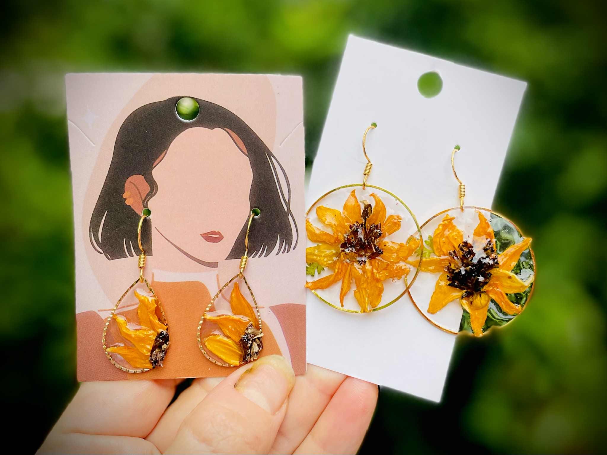 Sunflower Earrings: Real Flower Resin Dangle Drops, August Birth Month