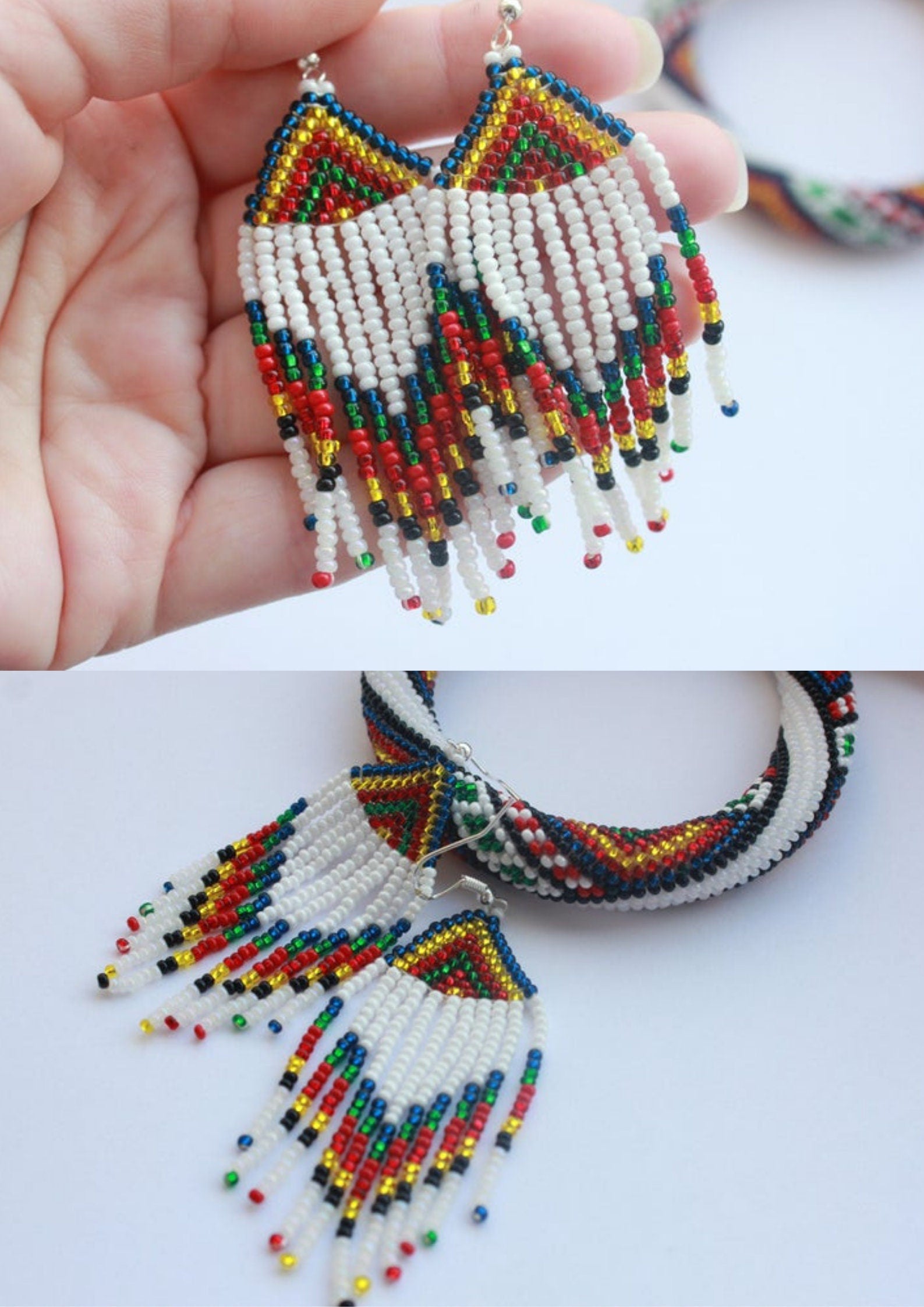 Dangle earrings Rainbow seed bead tassel earrings, beaded earrings, Long fringe Beaded Gypsy colorful dangles, native American jewelry women