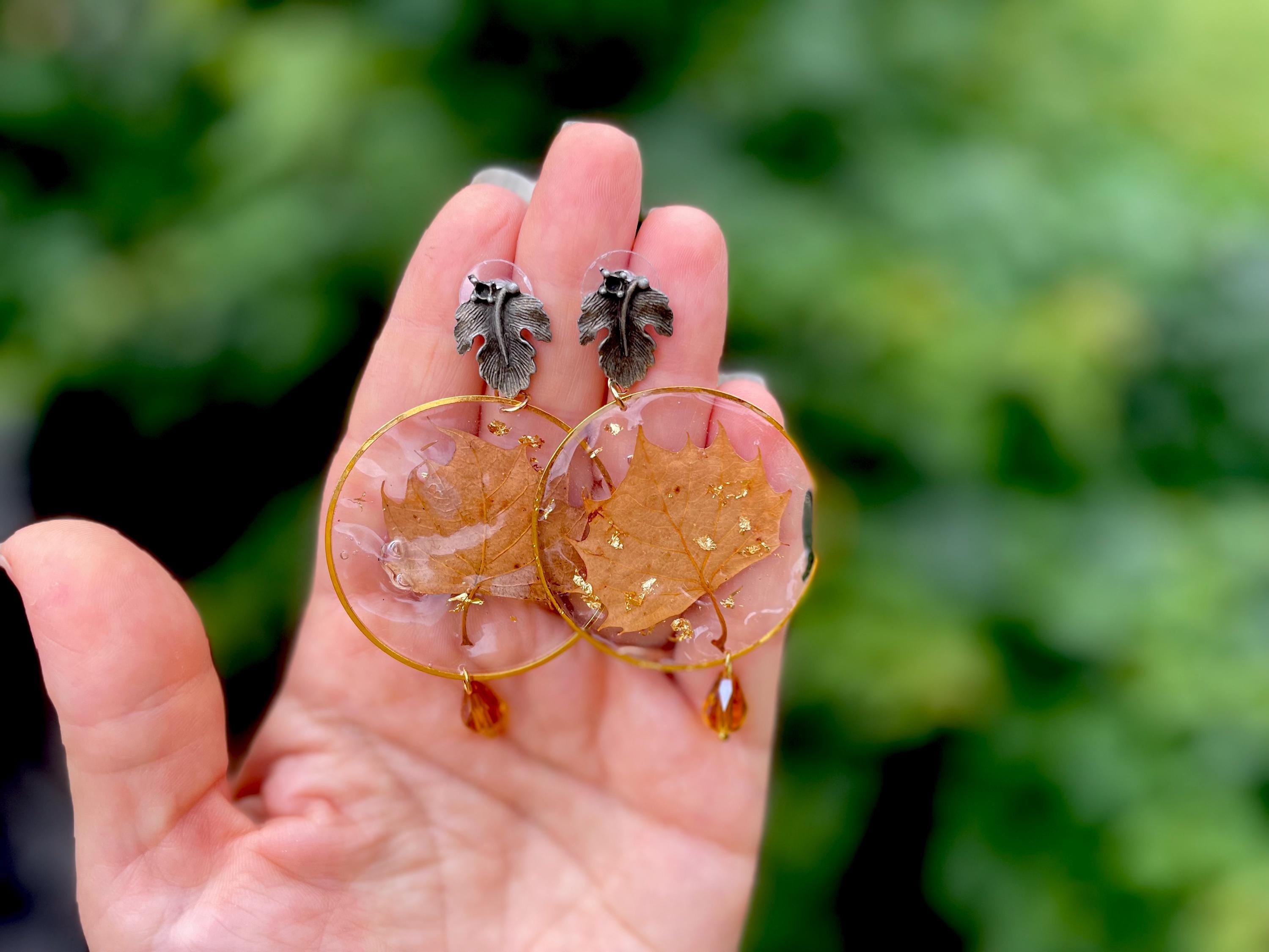 Autumn Leaf Resin Earrings: 14K Gold Filled or Sterling Silver, Handmade Chandeliers Citrine
