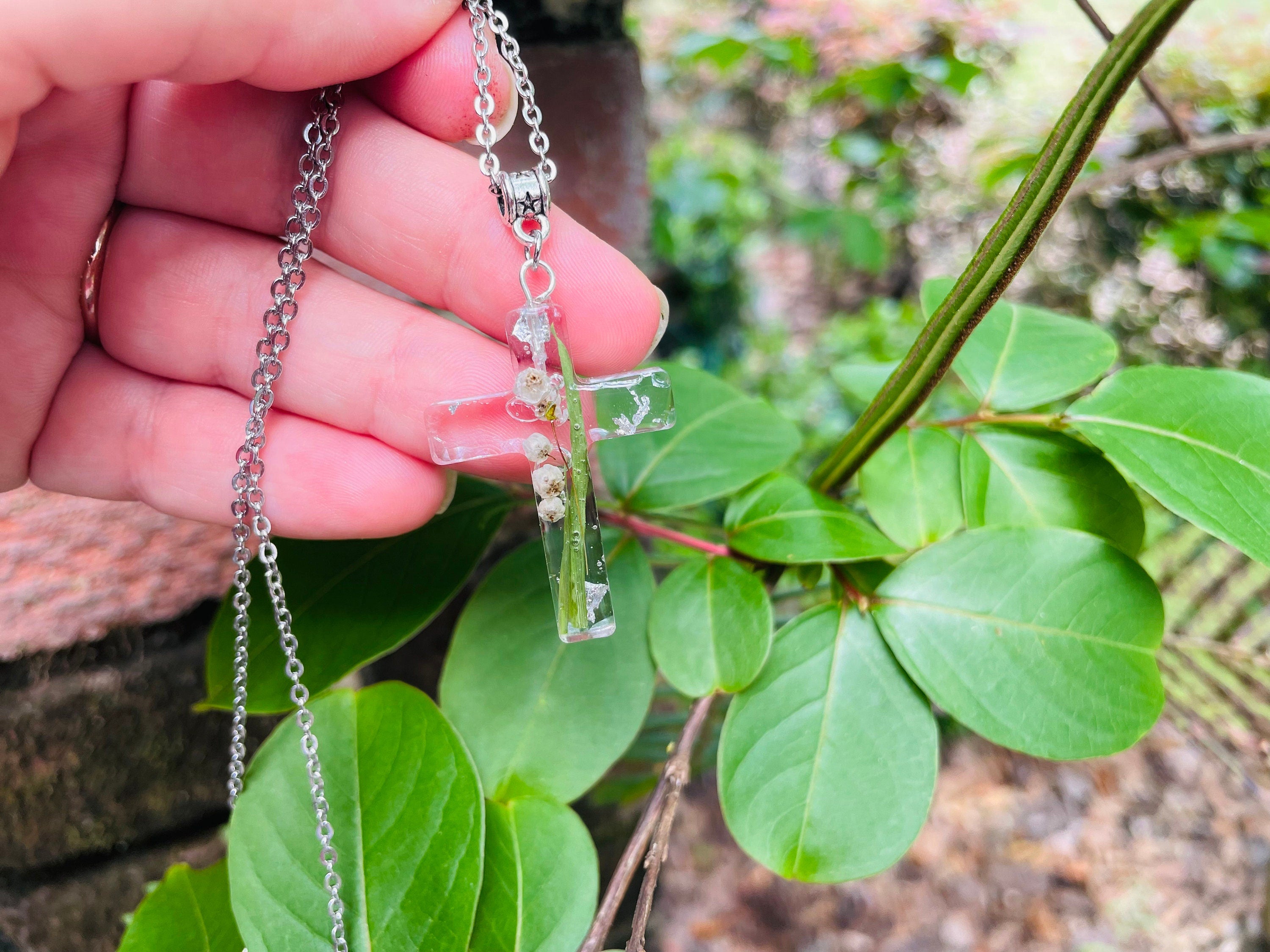 Lily of the Valley Cross Necklace: May Birth Flower Resin Pendant