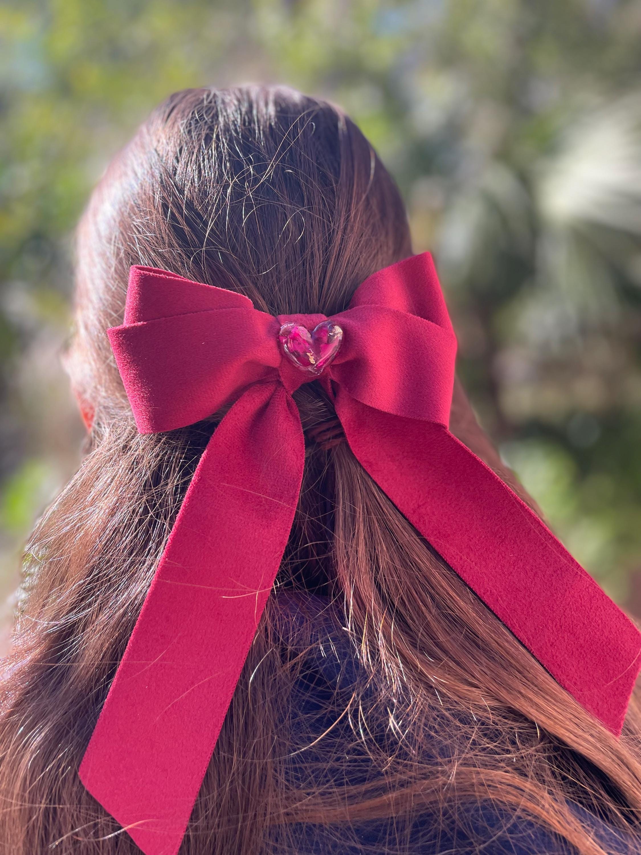 Burgundy Velvet Hair Bow: Rose Petal Heart Charm, Valentine's Day